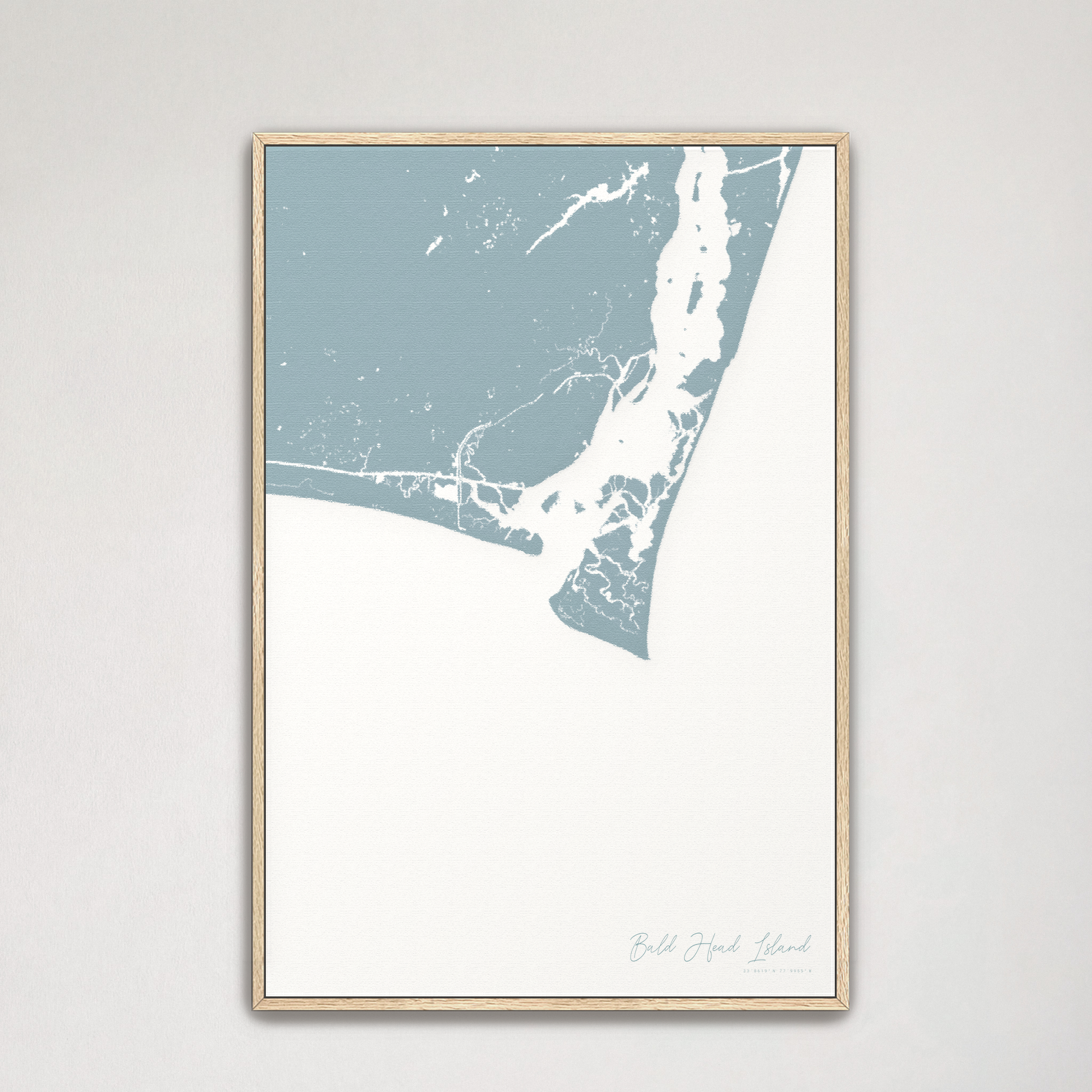 Bald Head Island Coastal Map — Canvas Vertical, soft-blue, Natural Oak