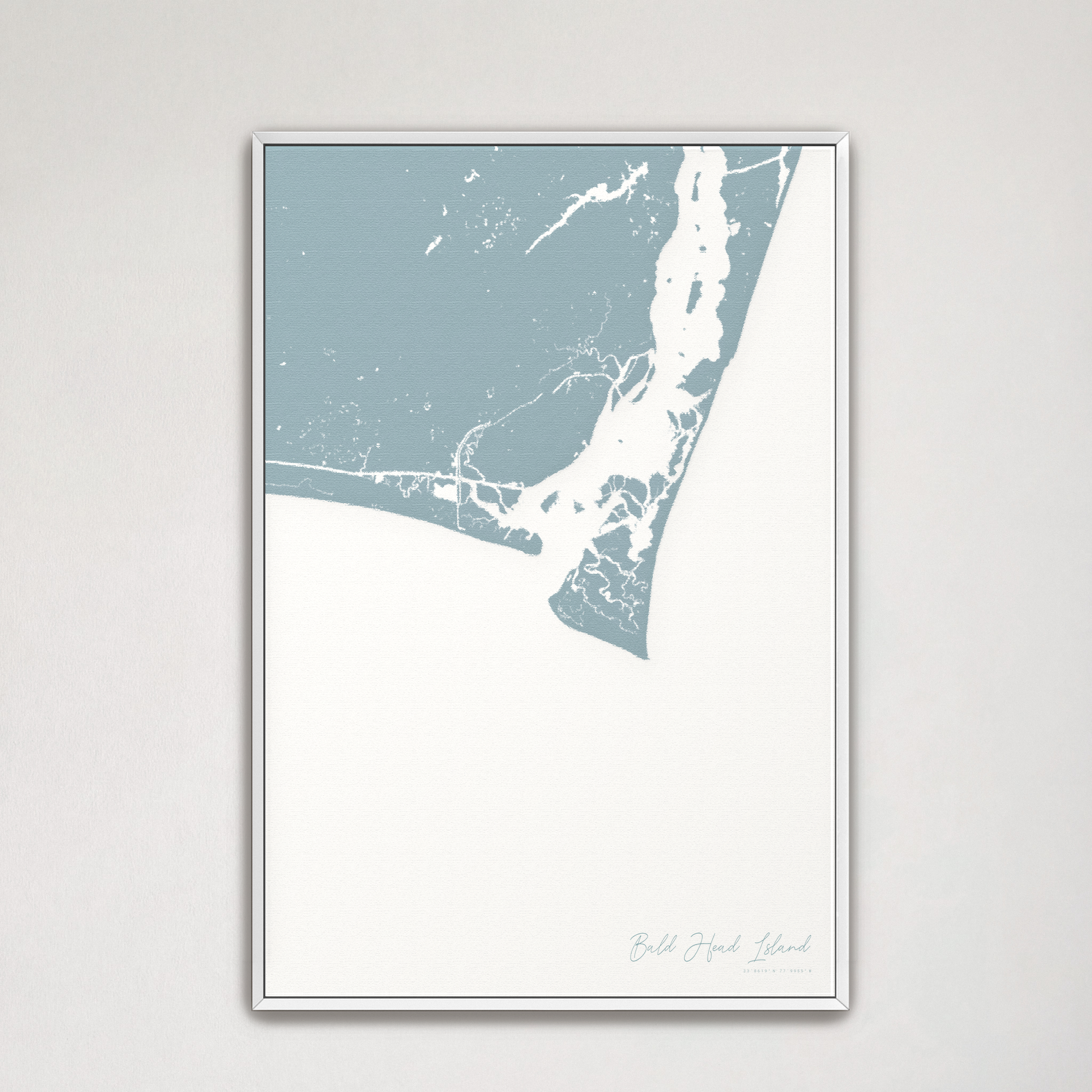 Bald Head Island Coastal Map — Canvas Vertical, soft-blue, White Frame