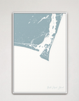 Bald Head Island Coastal Map — Canvas Vertical, soft-blue, White Frame