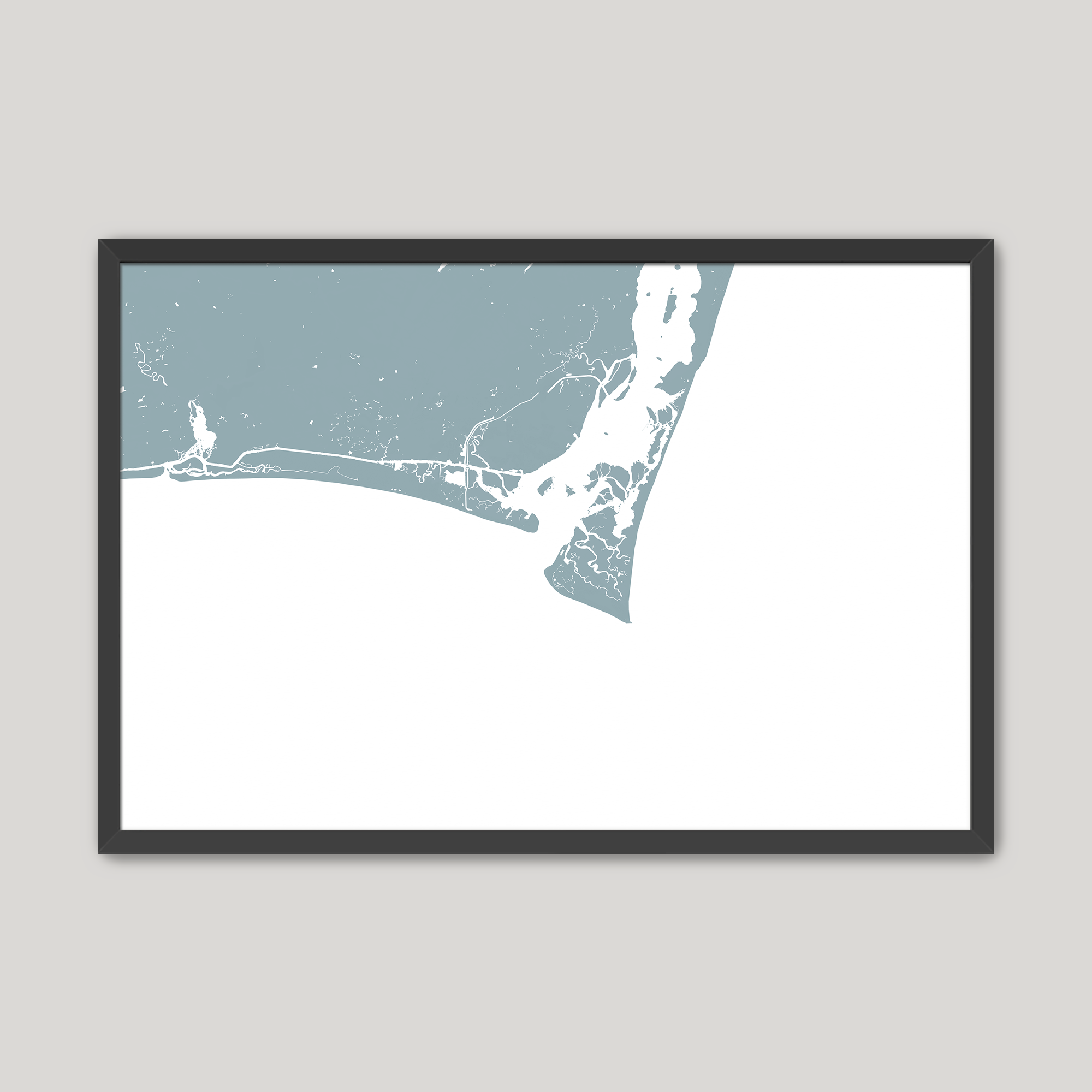 Bald Head Island Coastal Map — Fine Art Print Horizontal, soft-blue, Black Frame, 10x8
