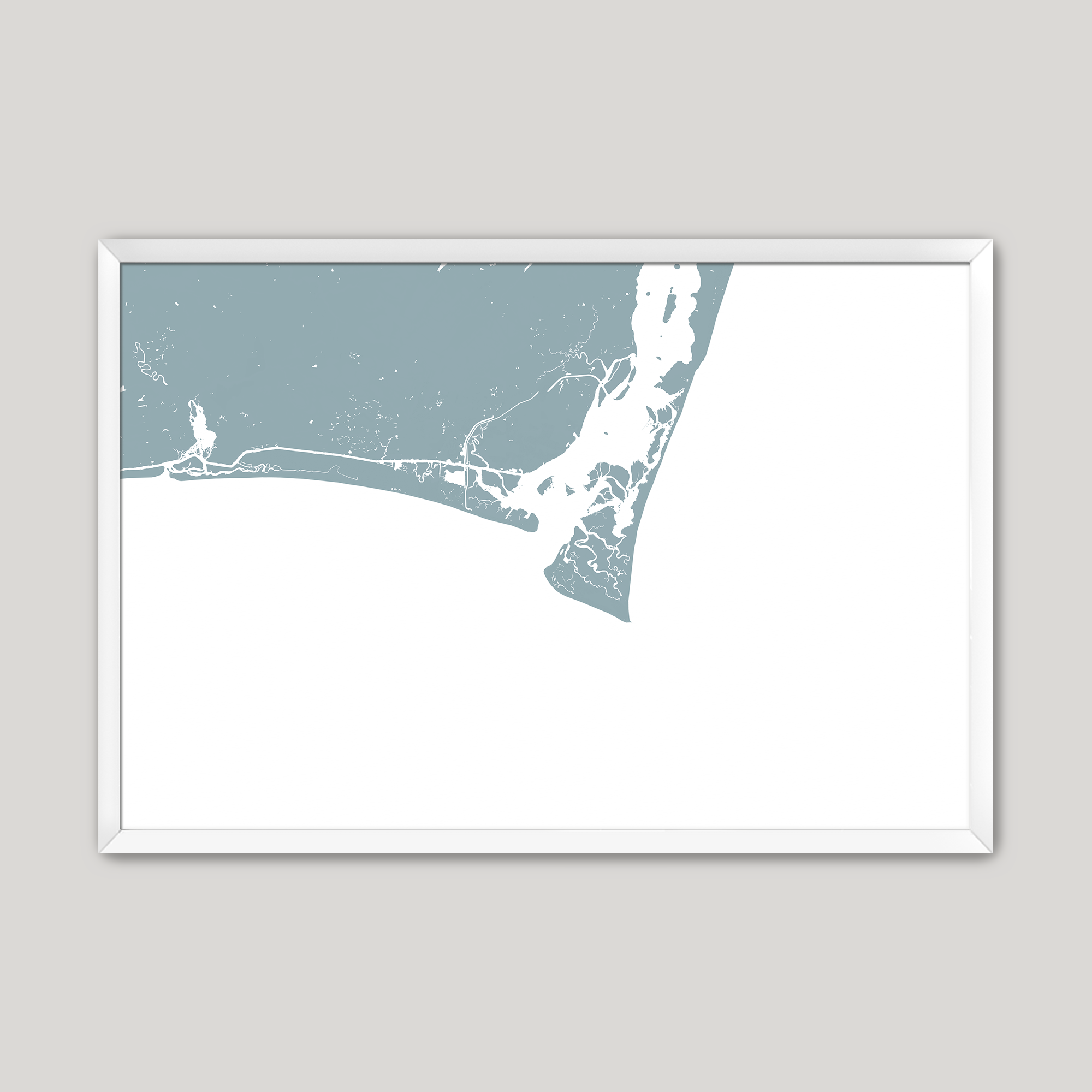 Bald Head Island Coastal Map — Fine Art Print Horizontal, soft-blue, White Frame, 10x8
