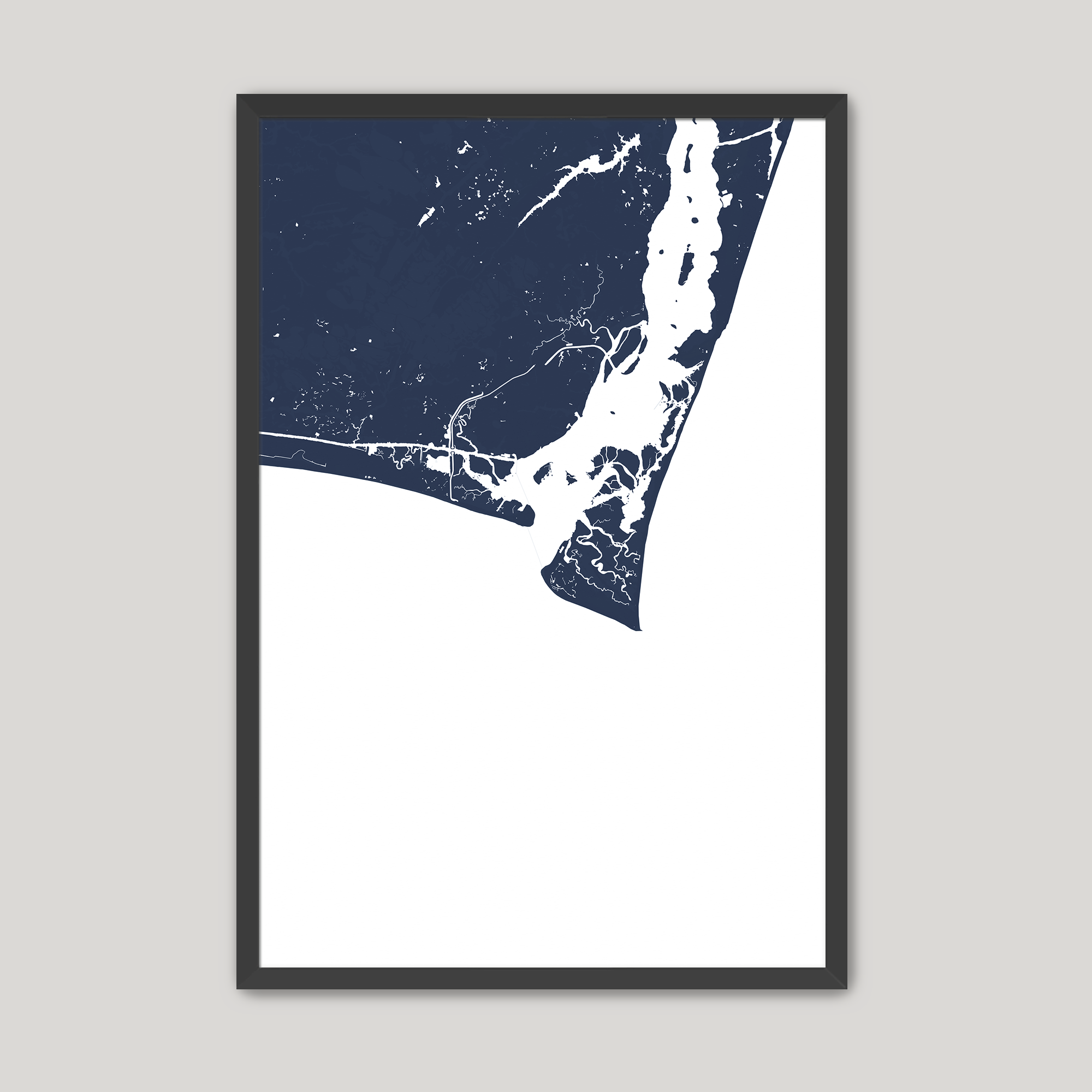 Bald Head Island Coastal Map — Fine Art Print Vertical, navy, Black Frame, 12x16