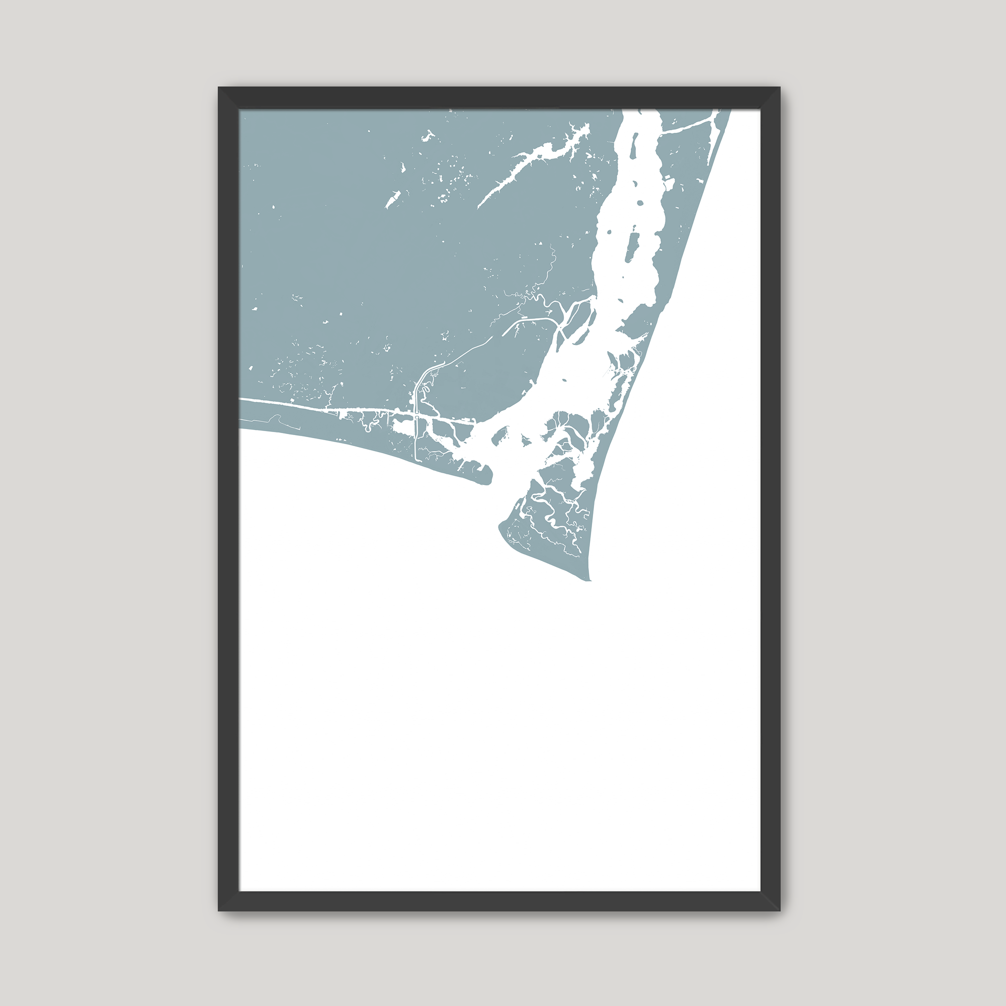 Bald Head Island Coastal Map — Fine Art Print Vertical, soft-blue, Black Frame, 8x10