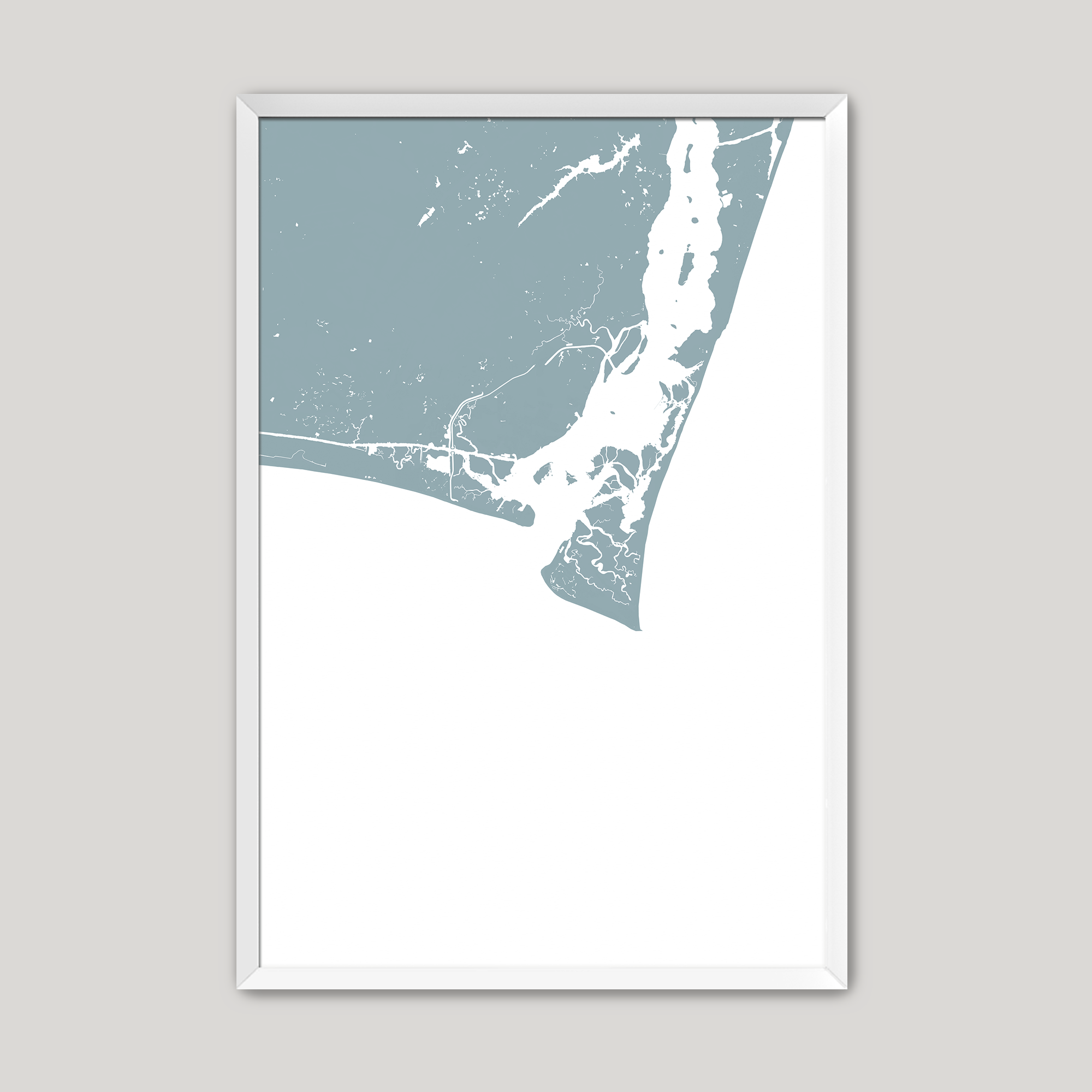 Bald Head Island Coastal Map — Fine Art Print Vertical, soft-blue, White Frame, 8x10