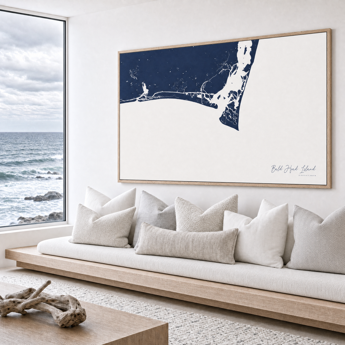 Bald Head Island canvas map — sea-view bench interior