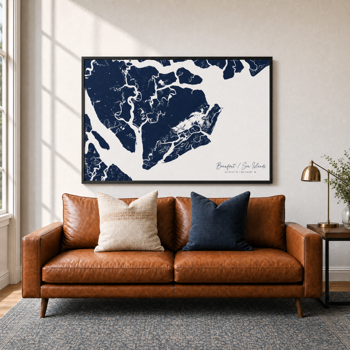 Beaufort / Sea Islands canvas map — two-pillow black-frame sofa interior