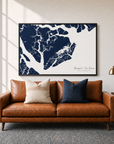 Beaufort / Sea Islands canvas map — two-pillow black-frame sofa interior