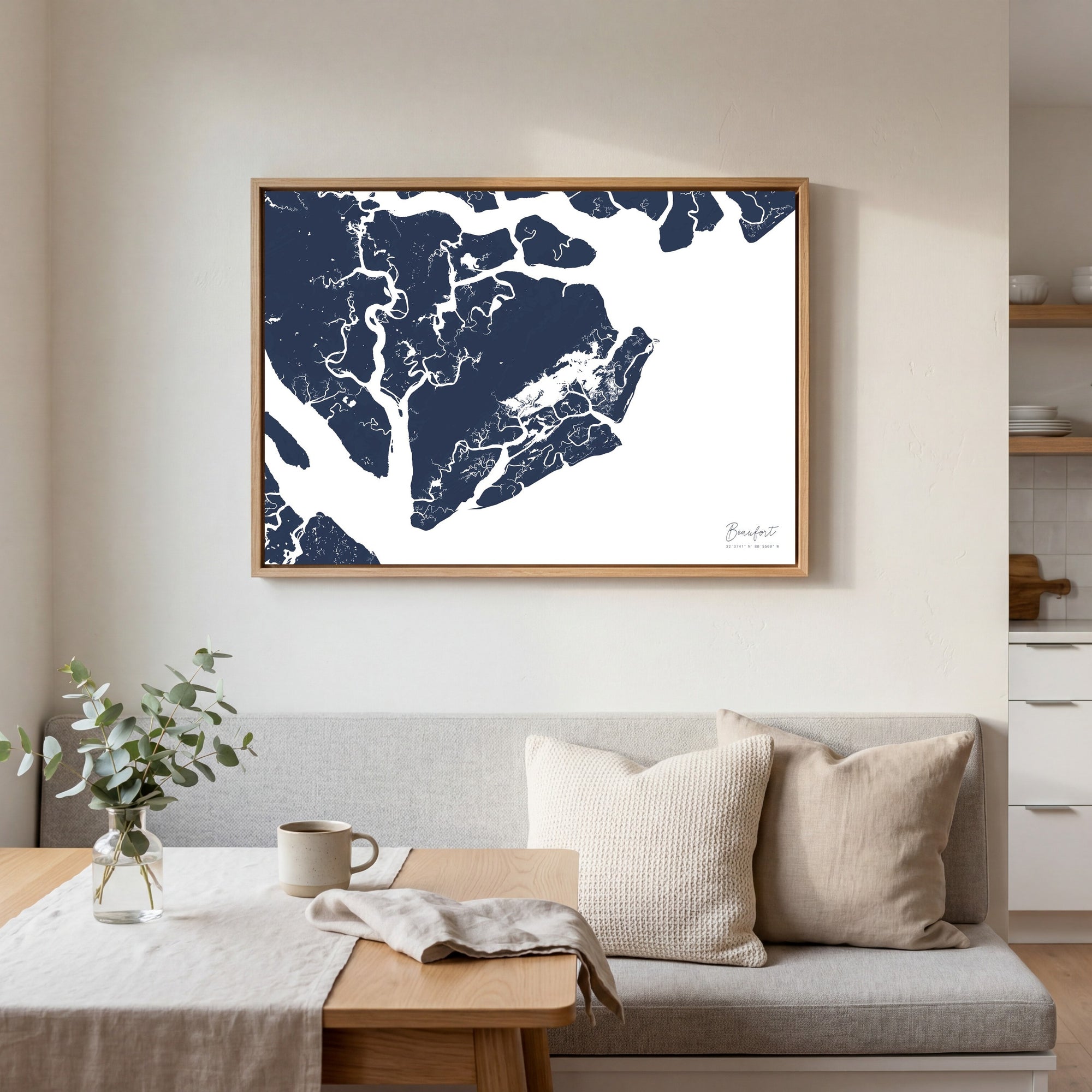 Beaufort navy horizontal canvas map in an oak framed room scene