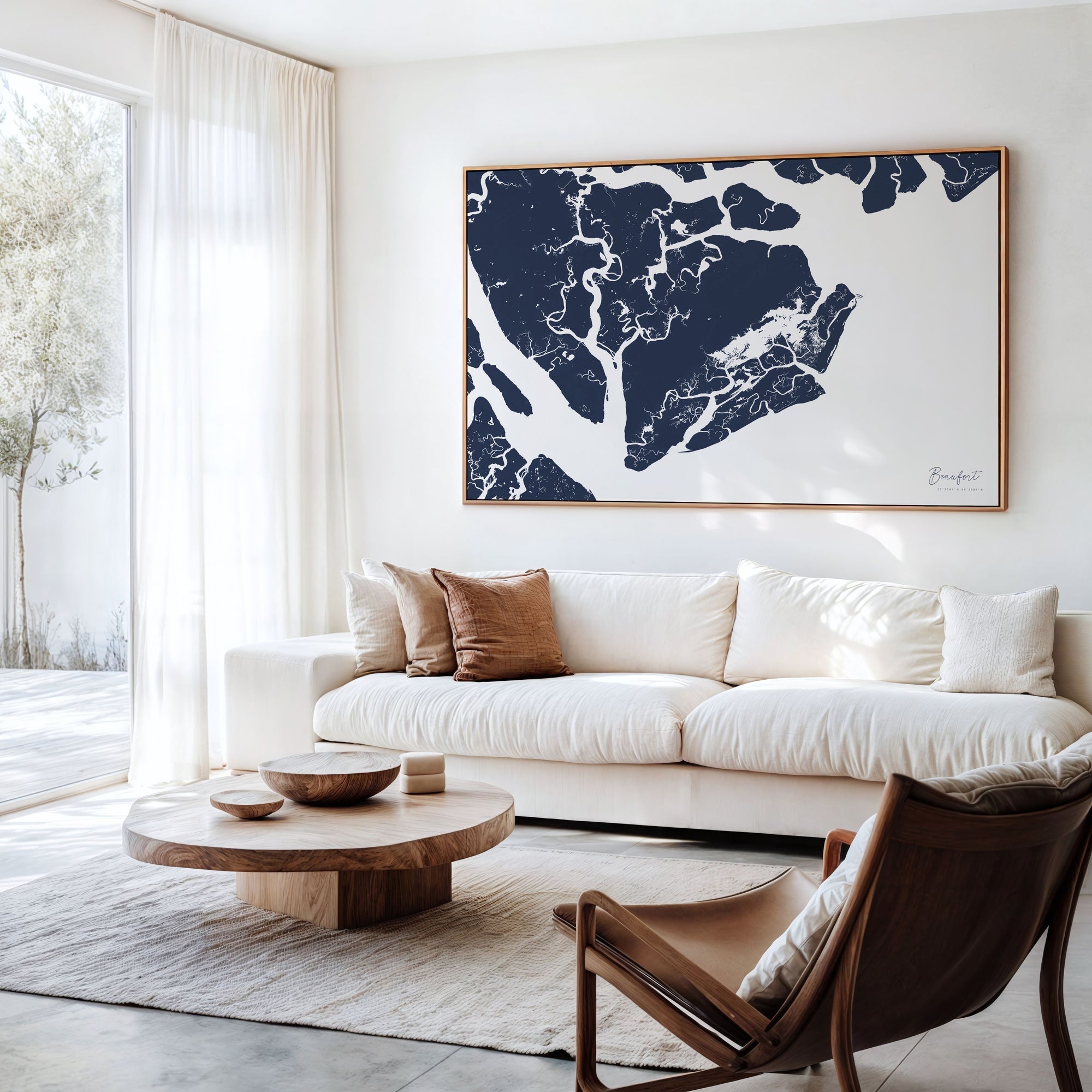 Beaufort navy horizontal canvas map in an oak framed room scene
