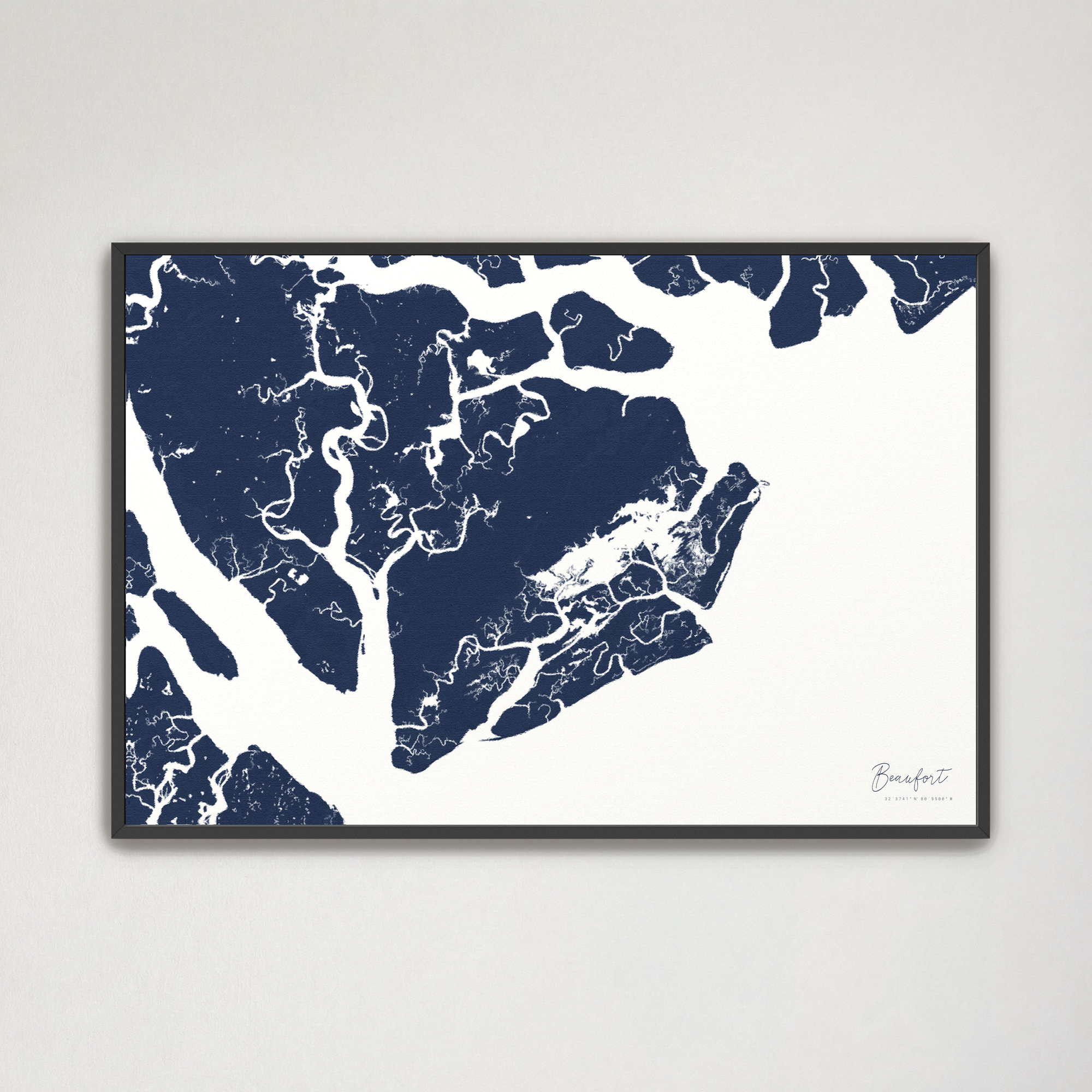 Beaufort / Sea Islands Coastal Map — Canvas Horizontal, navy, Black Frame