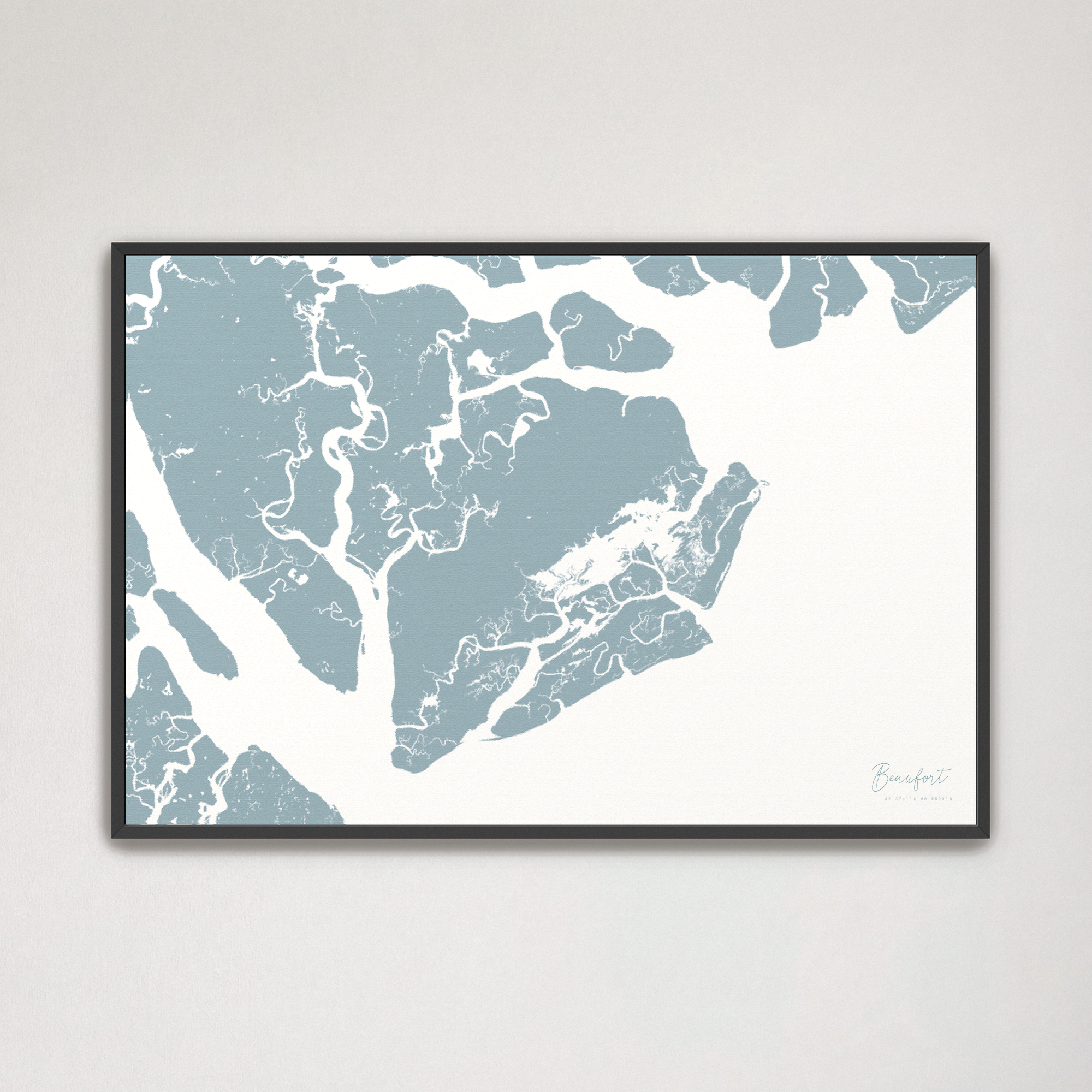 Beaufort / Sea Islands Coastal Map — Canvas Horizontal, soft-blue, Black Frame
