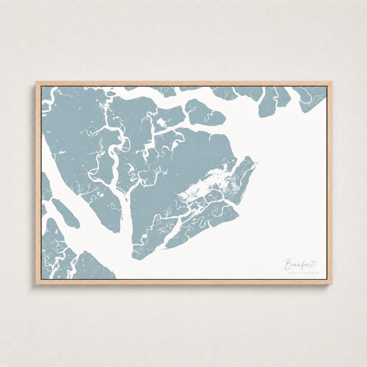 Beaufort / Sea Islands Coastal Map — Canvas Horizontal — soft-blue, Light Wood