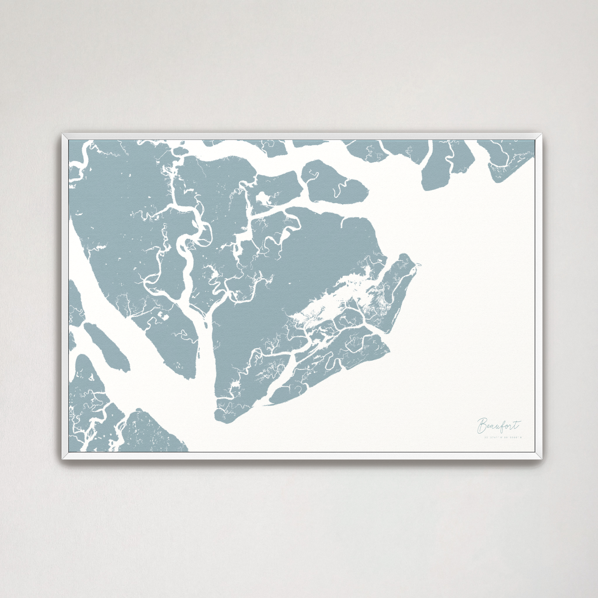 Beaufort / Sea Islands Coastal Map — Canvas Horizontal, soft-blue, White Frame