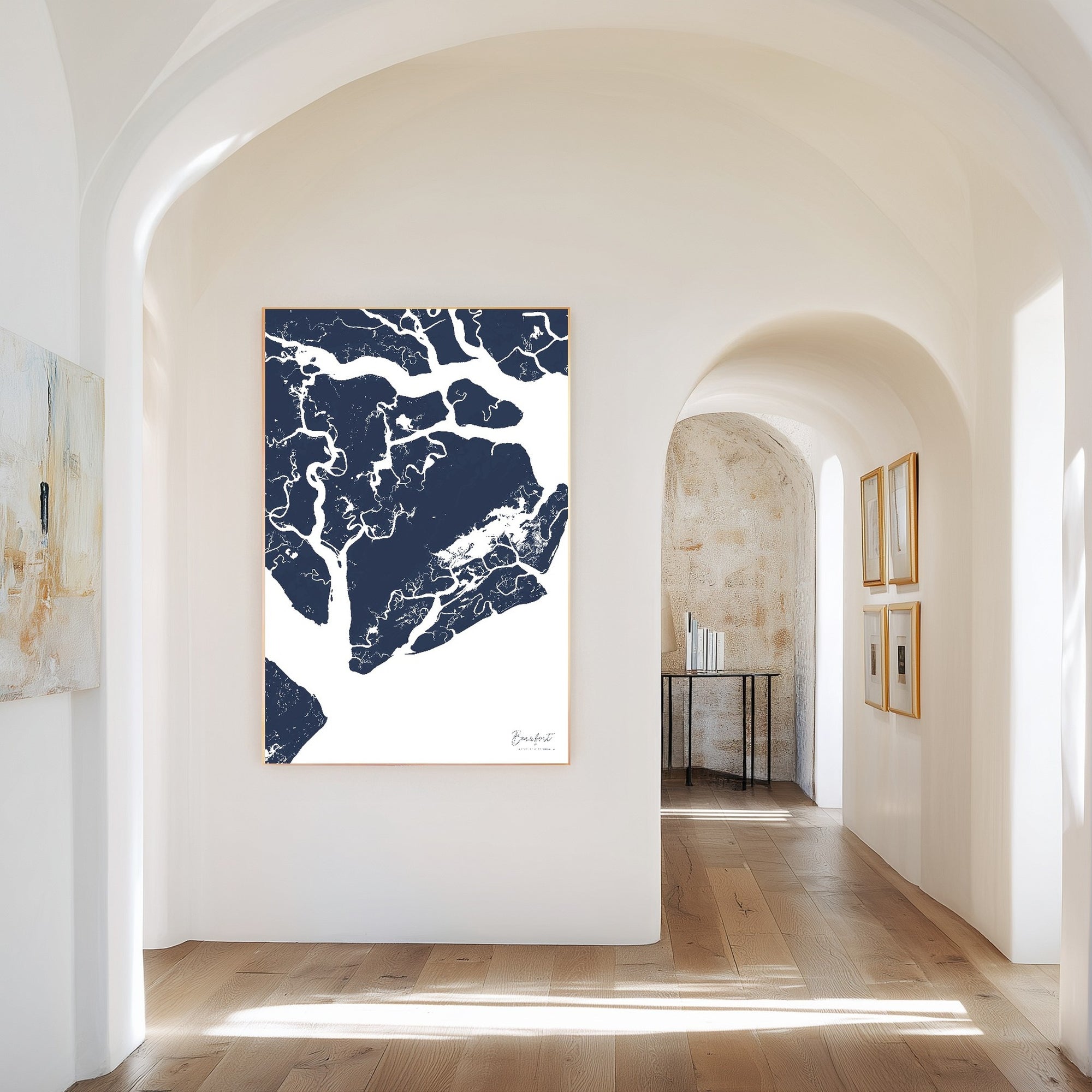 Beaufort navy vertical canvas map in the Bello mixed room scene
