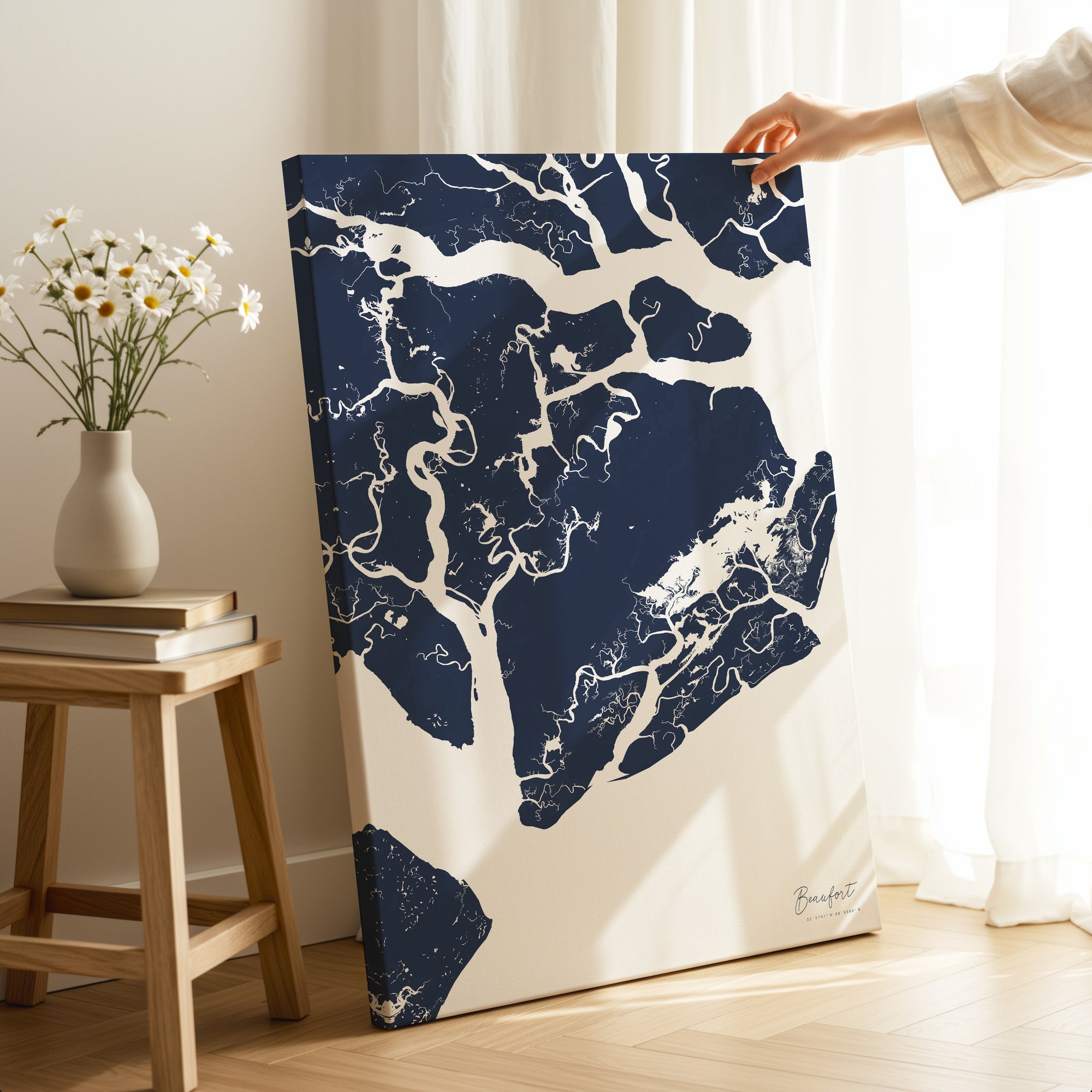Beaufort navy vertical wrapped canvas map in the ratio 2:3 hand mockup