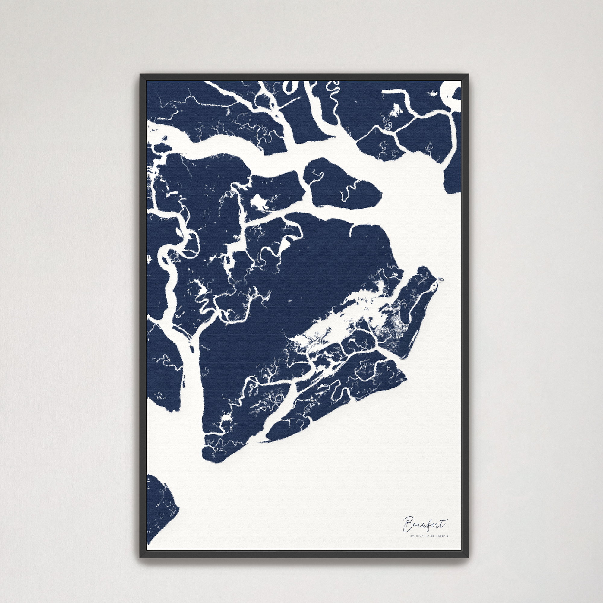 Beaufort / Sea Islands Coastal Map — Canvas Vertical, navy, Black Frame