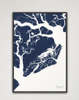 Beaufort / Sea Islands Coastal Map — Canvas Vertical, navy, Black Frame