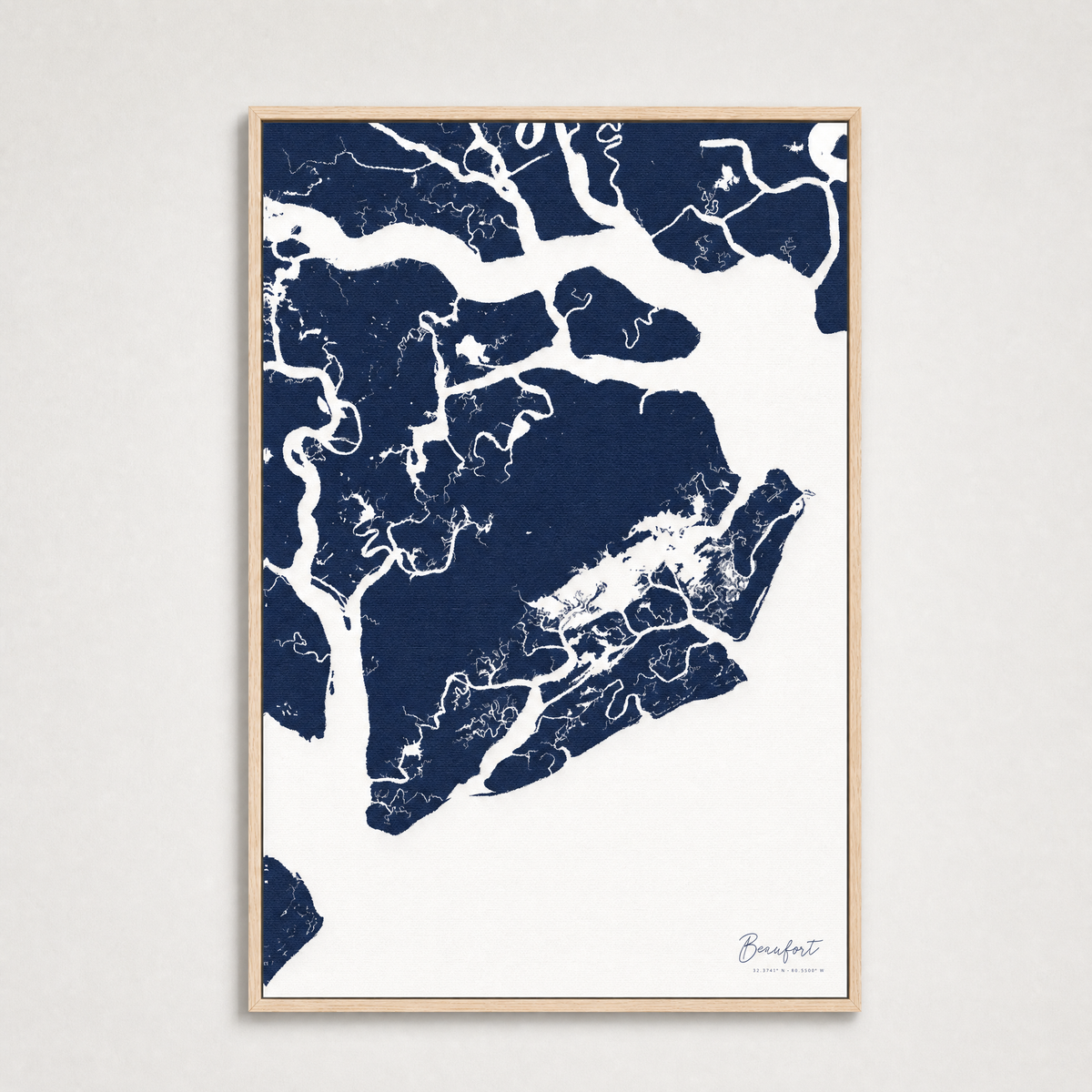 Beaufort / Sea Islands Coastal Map — Canvas Vertical — navy, Light Wood