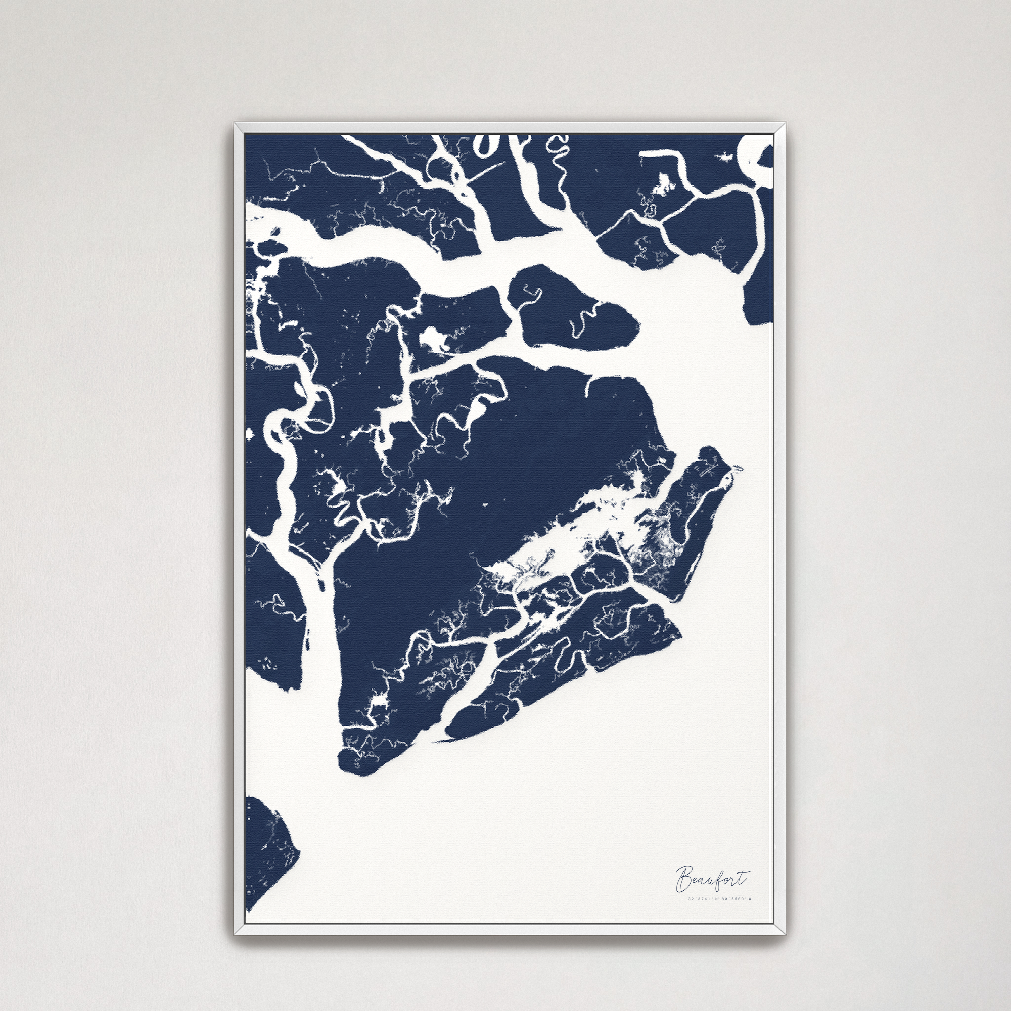 Beaufort / Sea Islands Coastal Map — Canvas Vertical, navy, White Frame