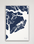 Beaufort / Sea Islands Coastal Map — Canvas Vertical, navy, White Frame