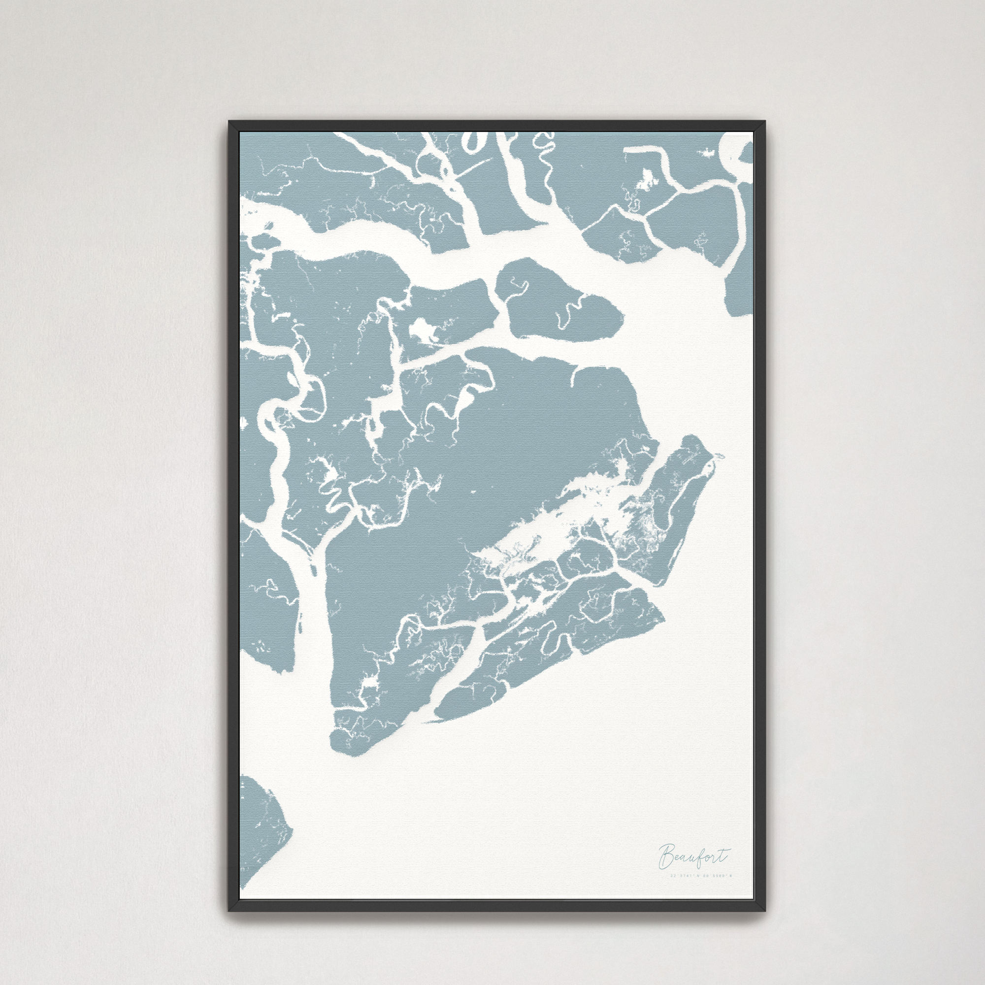 Beaufort / Sea Islands Coastal Map — Canvas Vertical, soft-blue, Black Frame