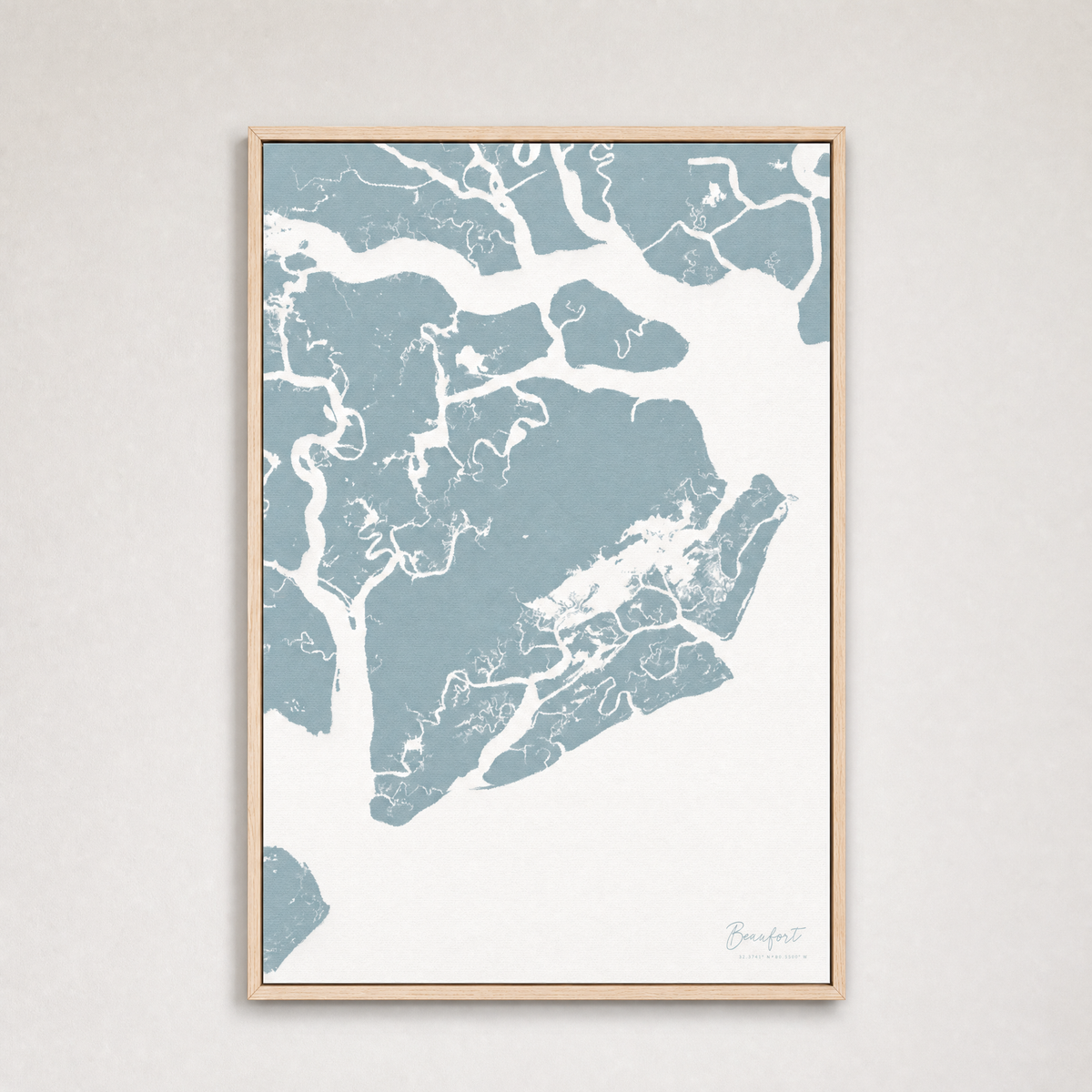Beaufort / Sea Islands Coastal Map — Canvas Vertical — soft-blue, Light Wood