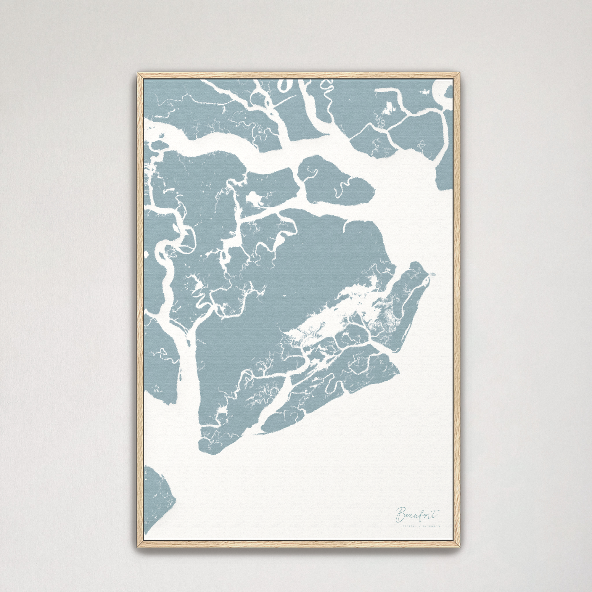 Beaufort / Sea Islands Coastal Map — Canvas Vertical, soft-blue, Natural Oak