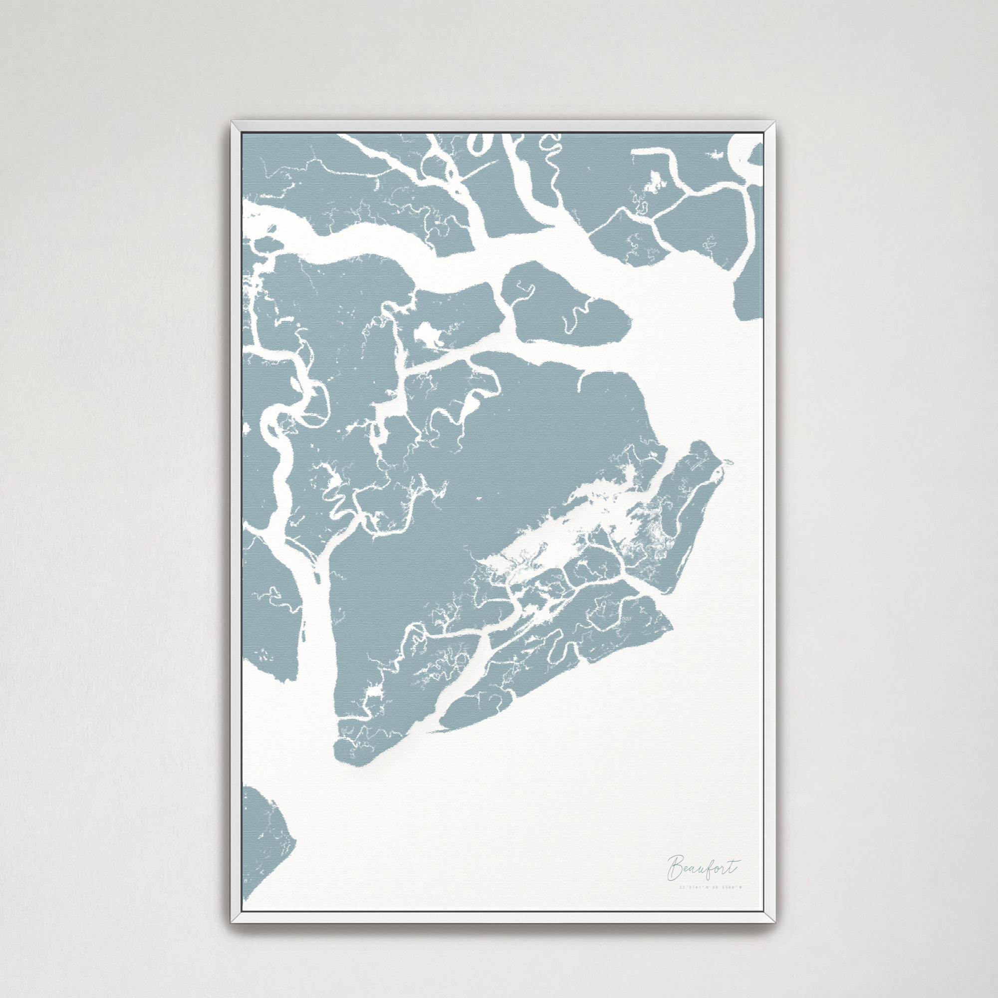 Beaufort / Sea Islands Coastal Map — Canvas Vertical, soft-blue, White Frame