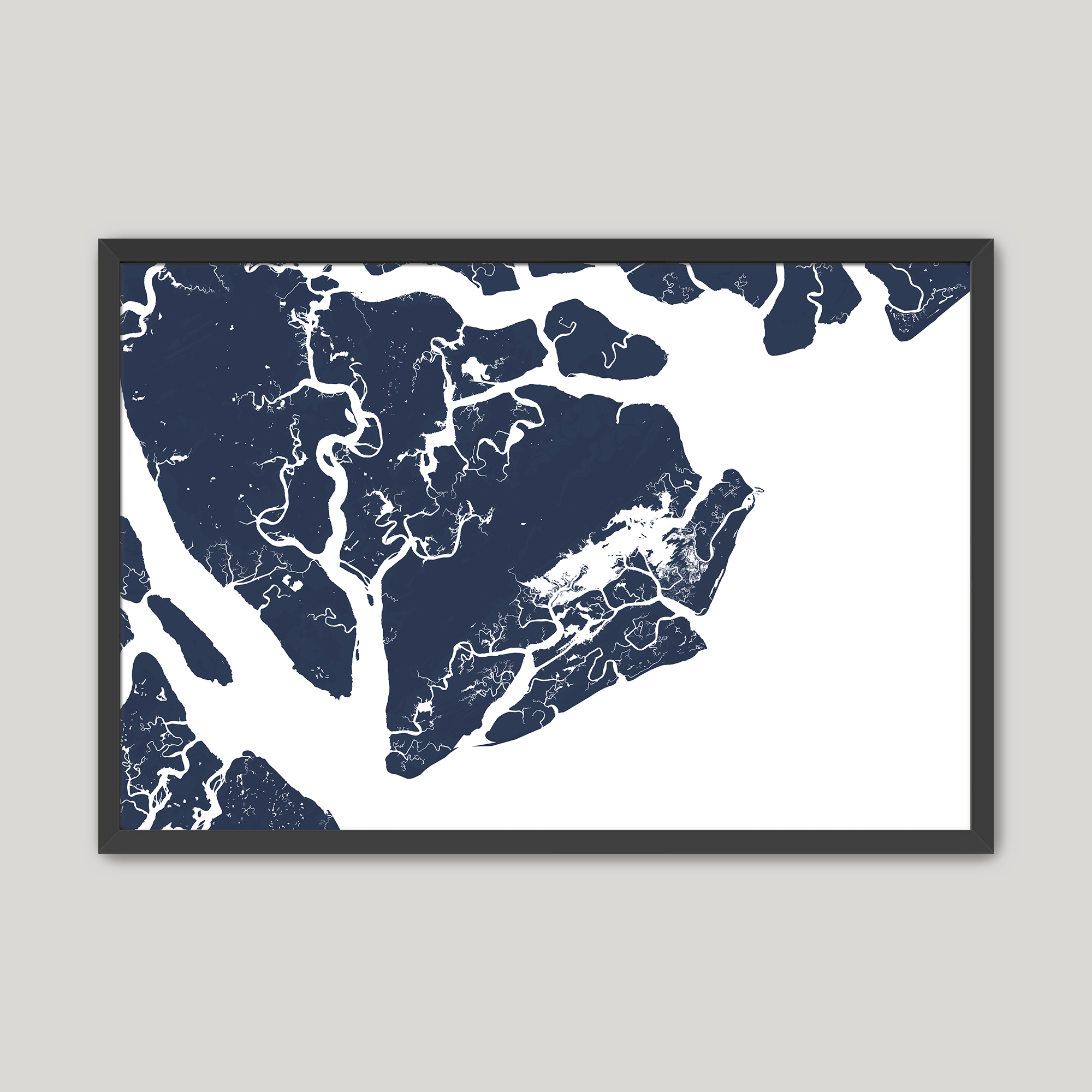 Beaufort / Sea Islands Coastal Map — Fine Art Print Horizontal, navy, Black Frame, 10x8