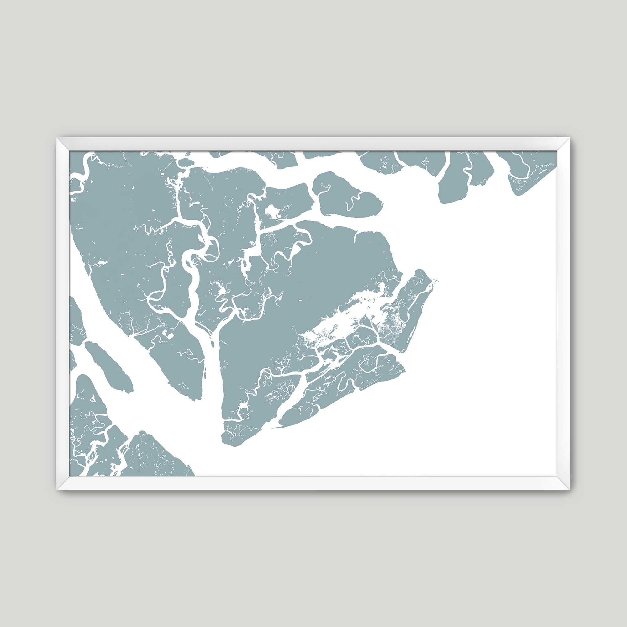 Beaufort / Sea Islands Coastal Map — Fine Art Print Horizontal, soft-blue, White Frame, 10x8