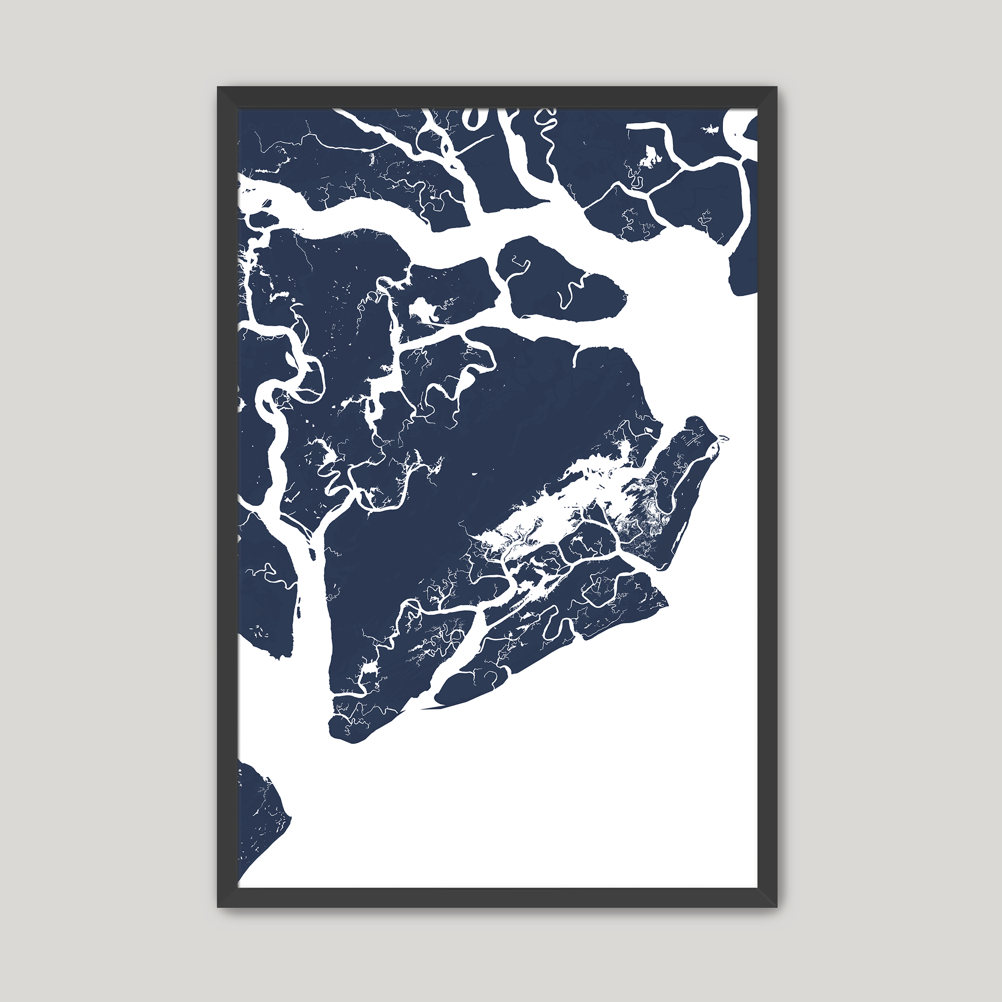 Beaufort / Sea Islands Coastal Map — Fine Art Print Vertical, navy, Black Frame, 8x10