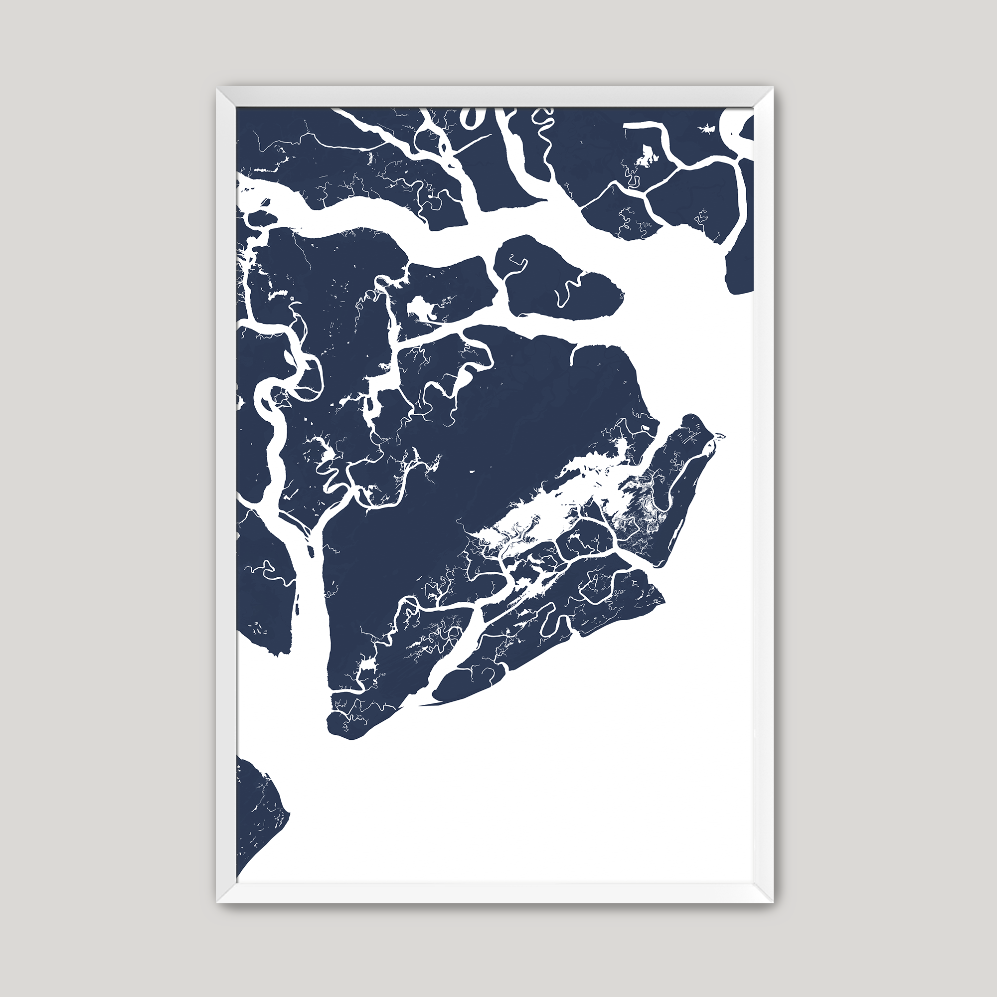 Beaufort / Sea Islands Coastal Map — Fine Art Print Vertical, navy, White Frame, 8x10