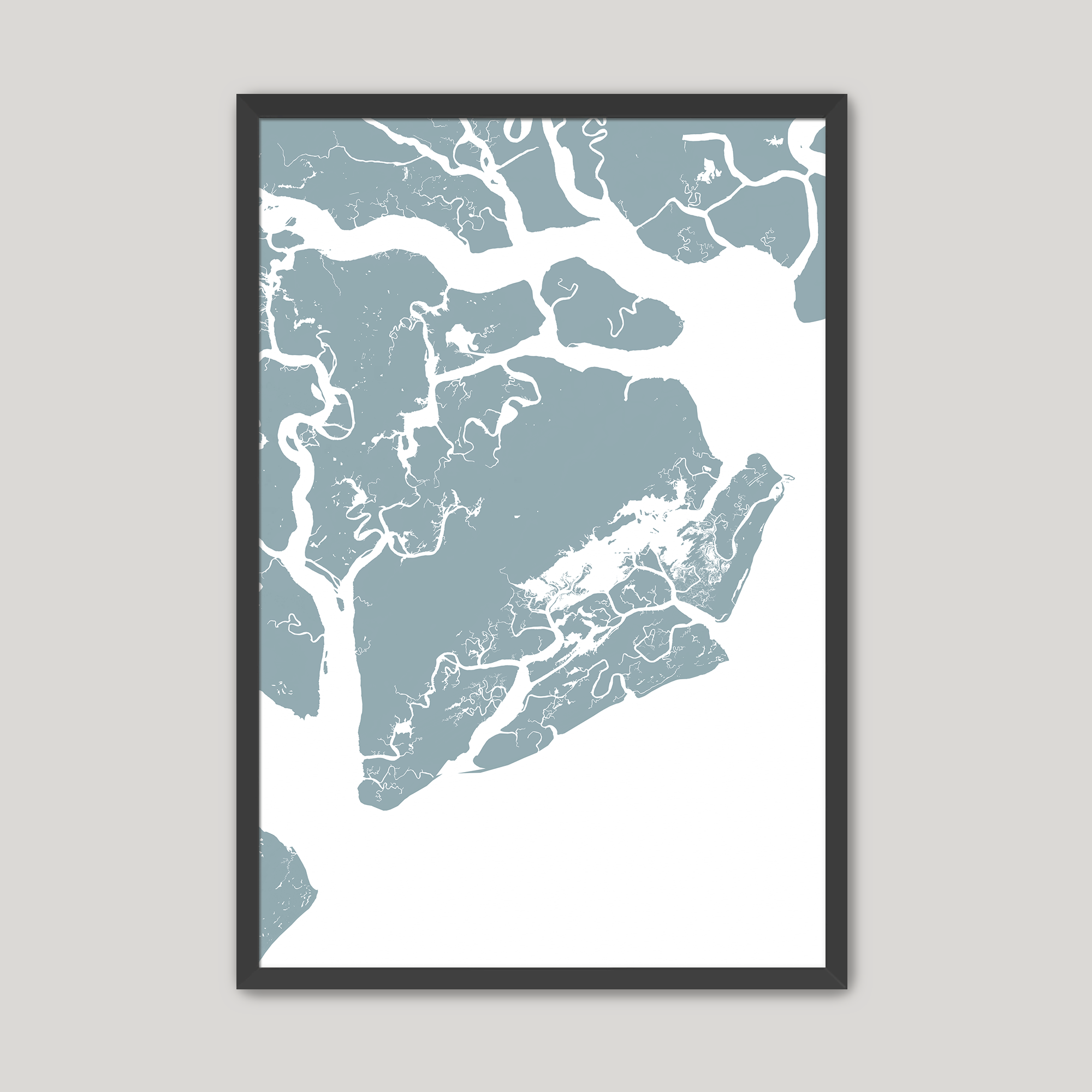 Beaufort / Sea Islands Coastal Map — Fine Art Print Vertical, soft-blue, Black Frame, 8x10