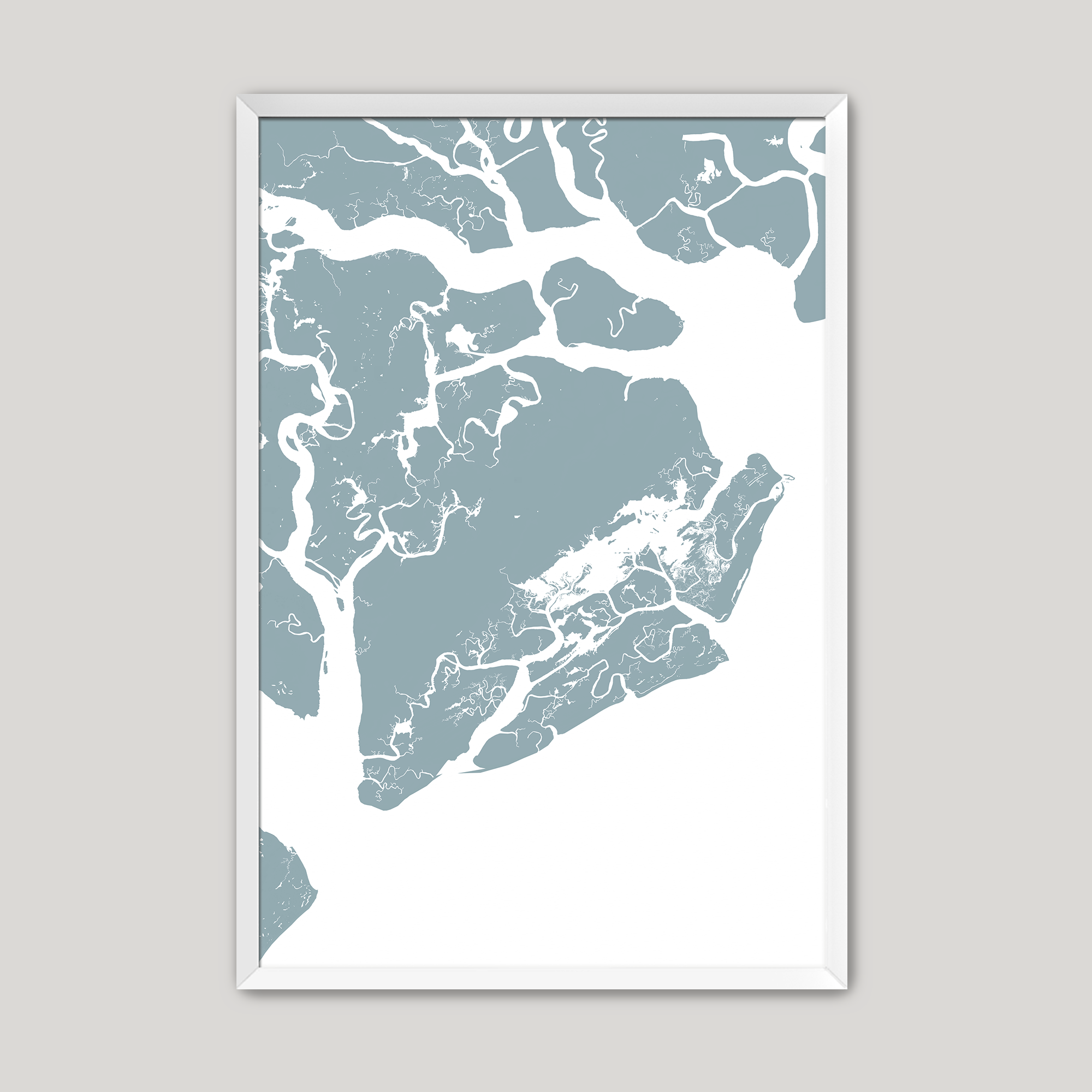 Beaufort / Sea Islands Coastal Map — Fine Art Print Vertical, soft-blue, White Frame, 8x10