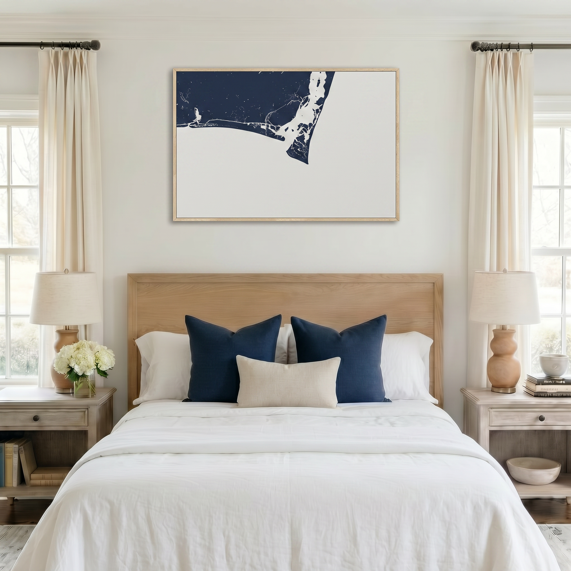Bald Head Island canvas map art in bedroom setting