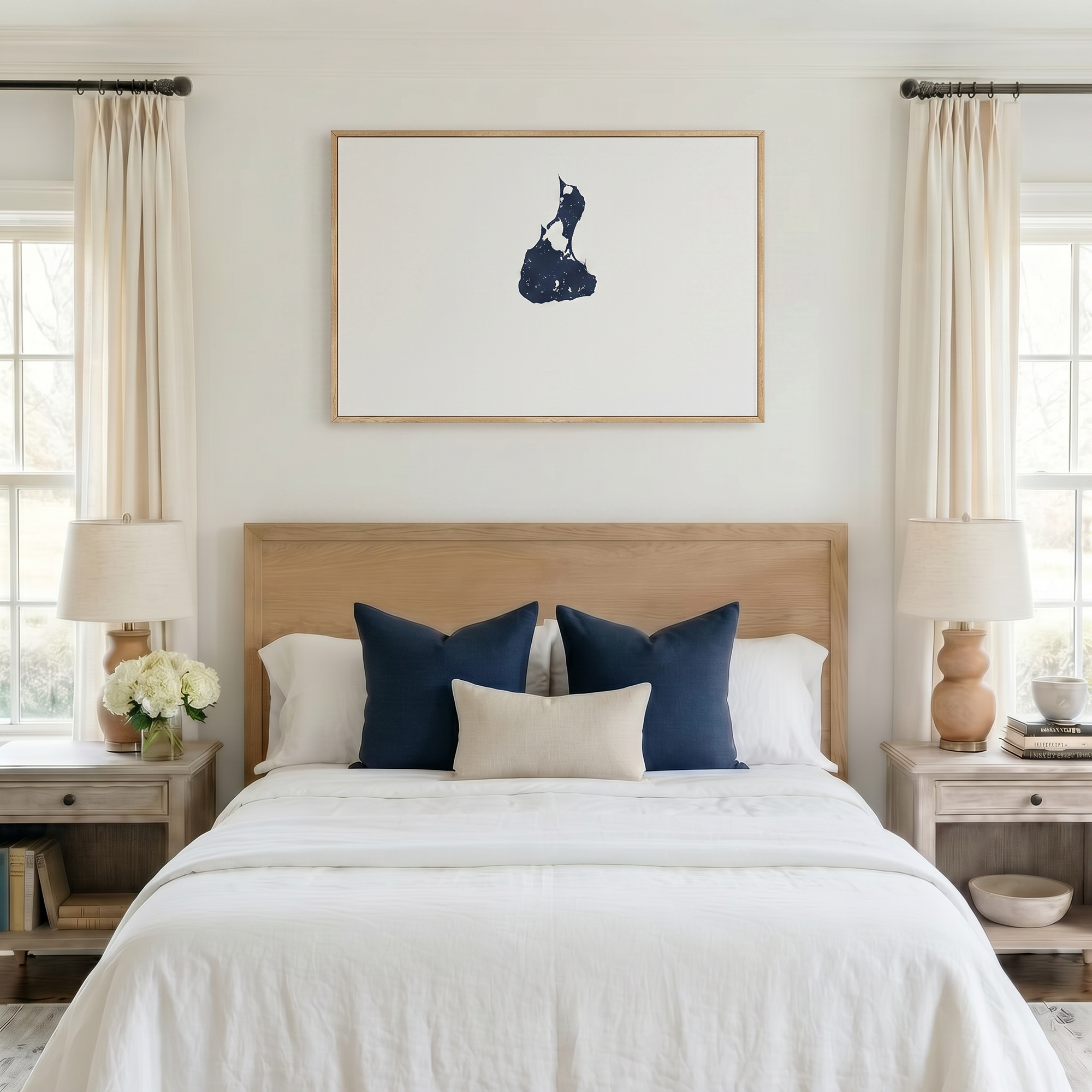 Block Island canvas map art in bedroom setting
