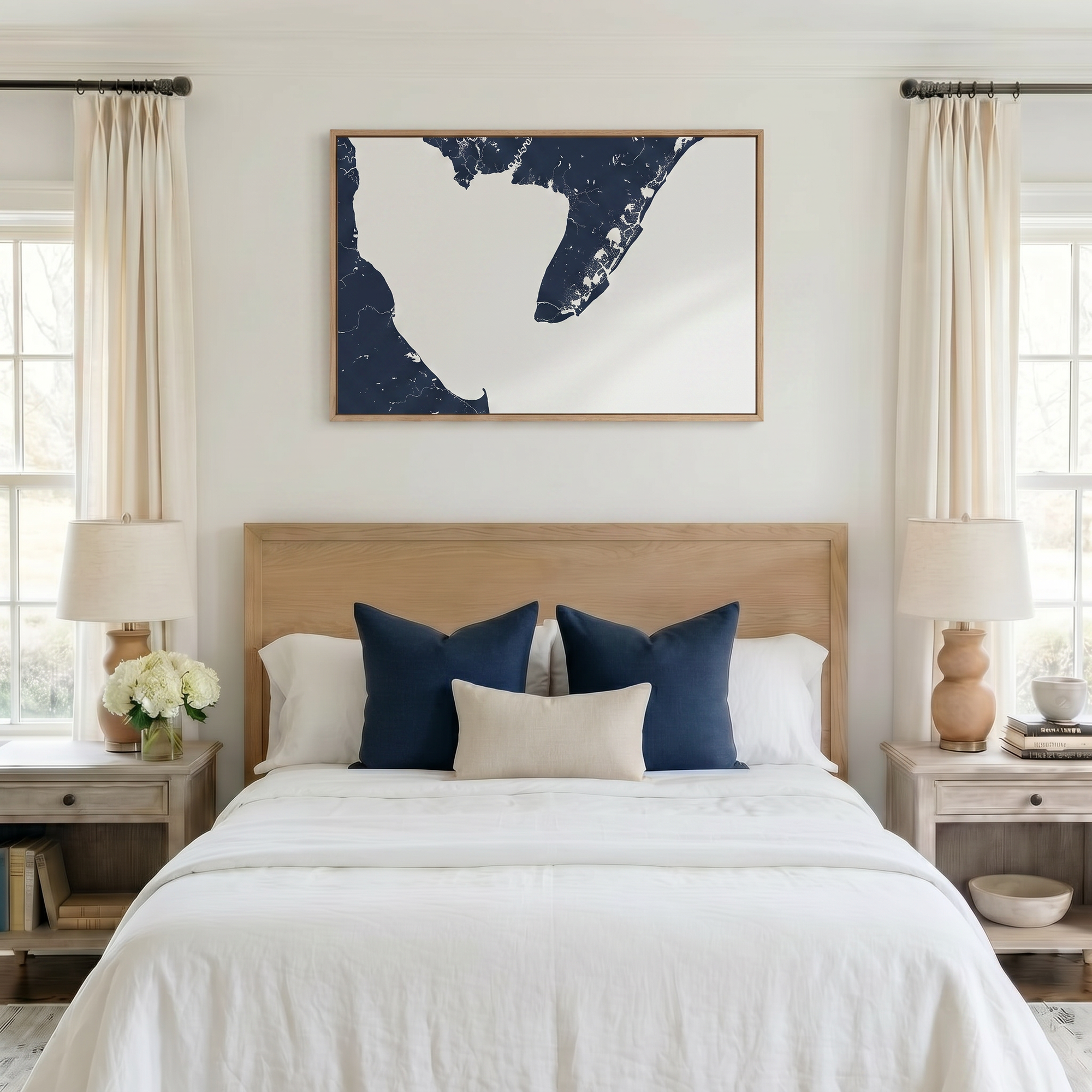 Cape May canvas map art in bedroom setting