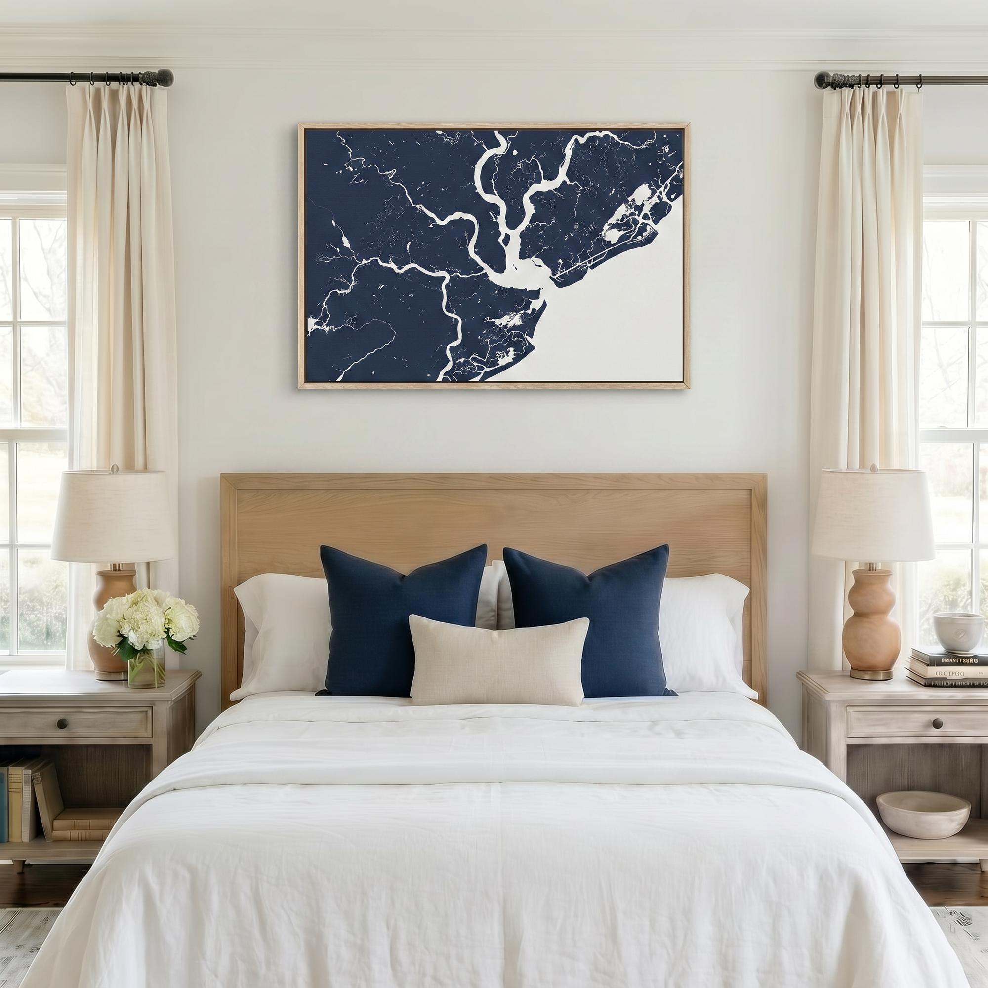 Charleston canvas map art in bedroom setting