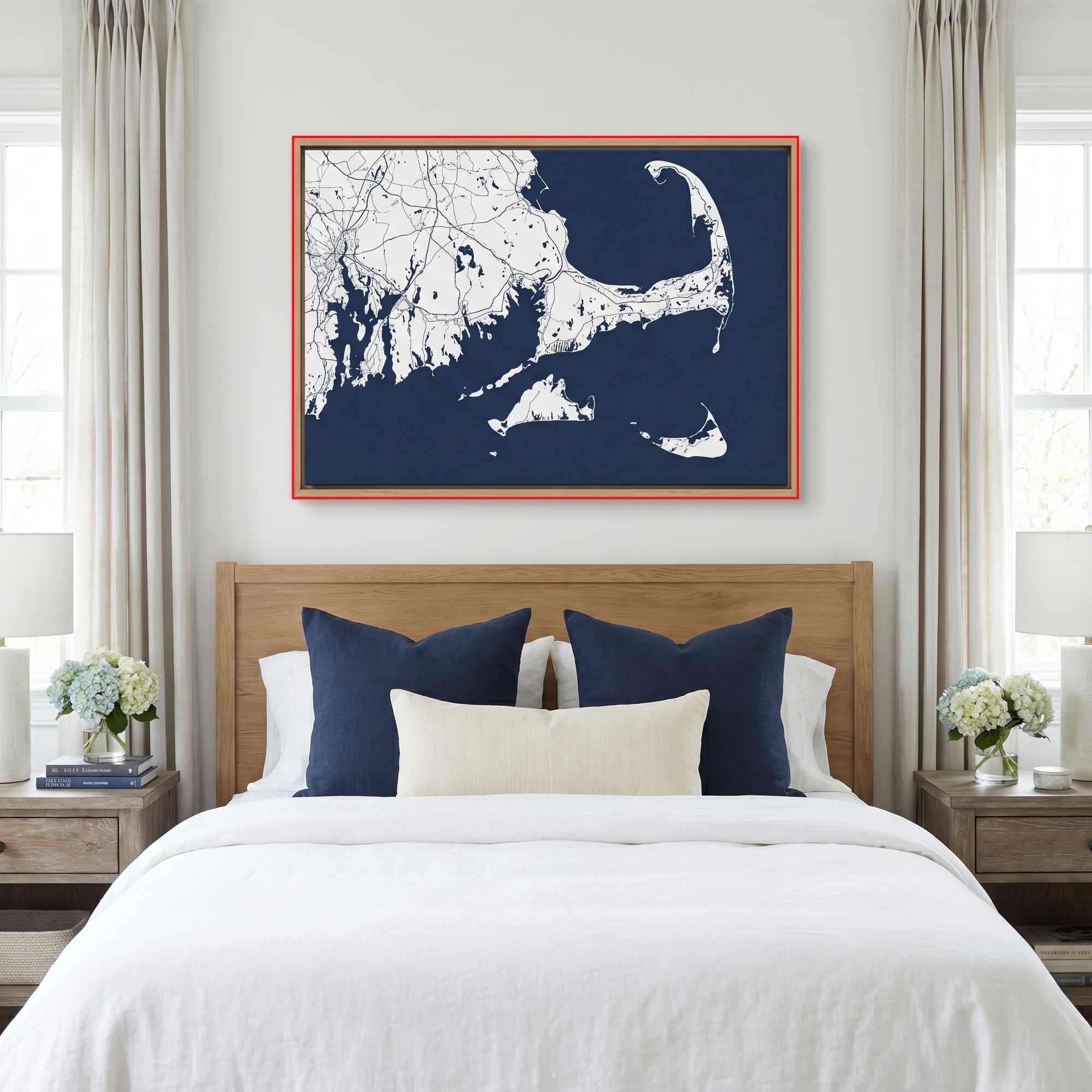 Chincoteague Island canvas map art in bedroom setting