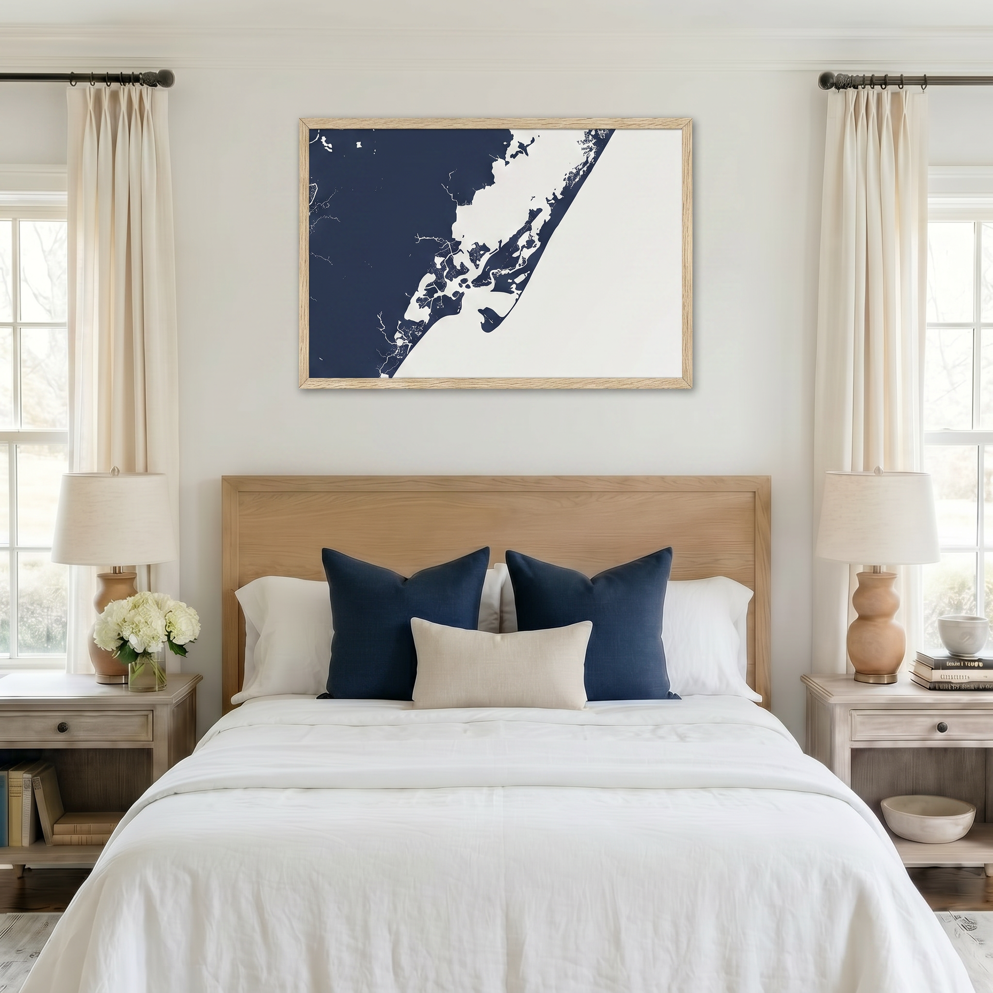 Chincoteague Island matte map art in bedroom setting