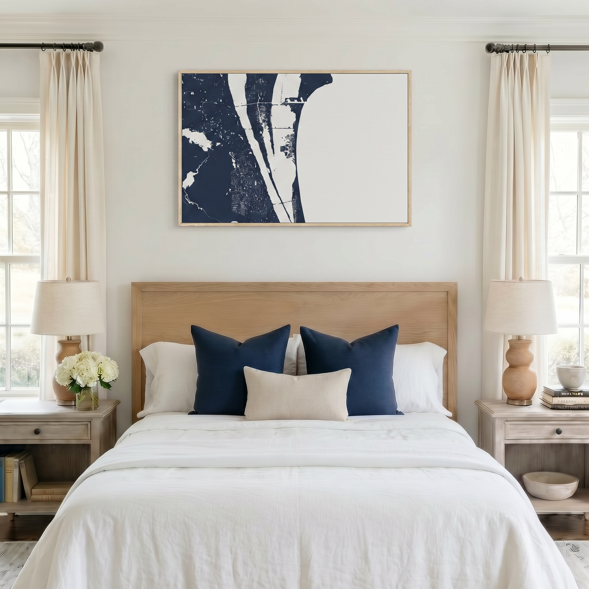 Cocoa Beach canvas map art in bedroom setting