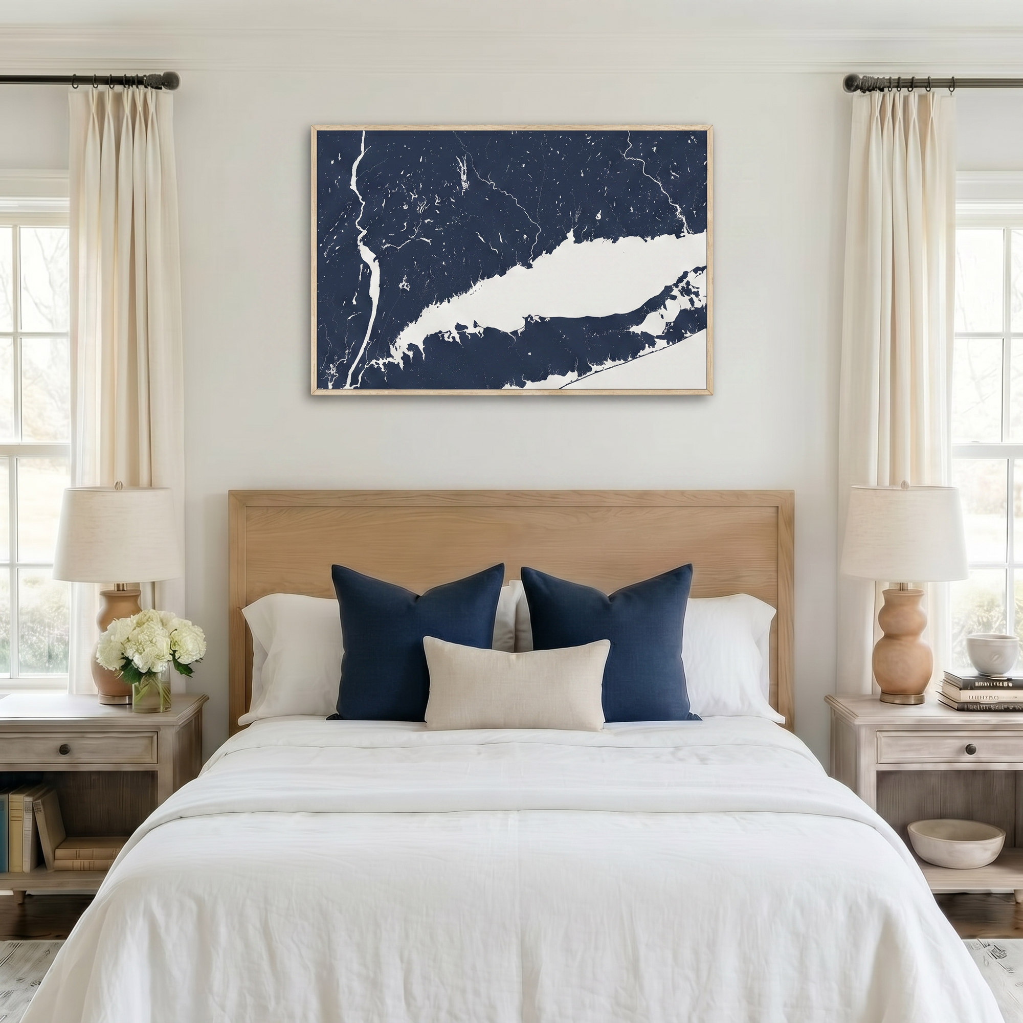Connecticut Coast canvas map art in bedroom setting