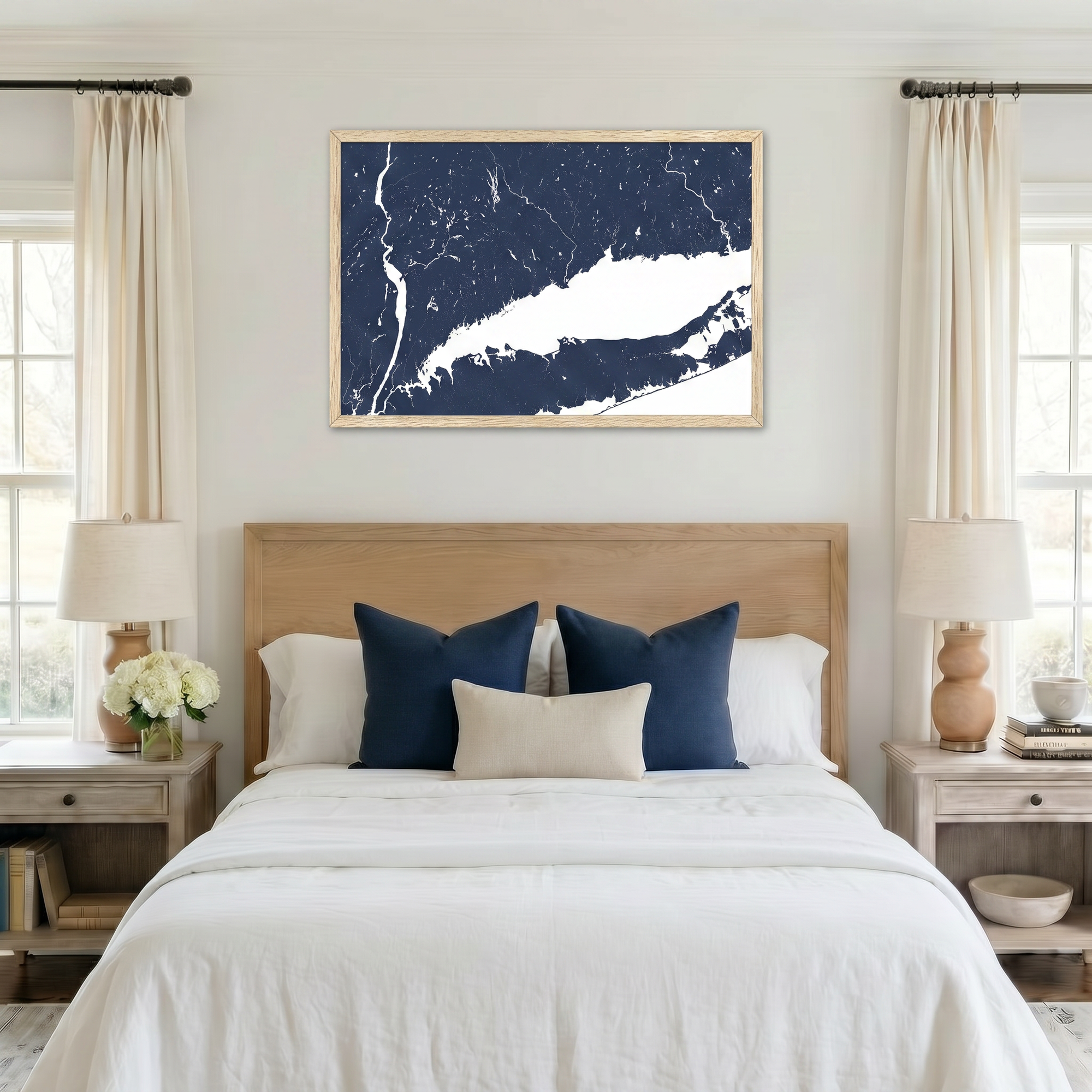 Connecticut Coast matte map art in bedroom setting