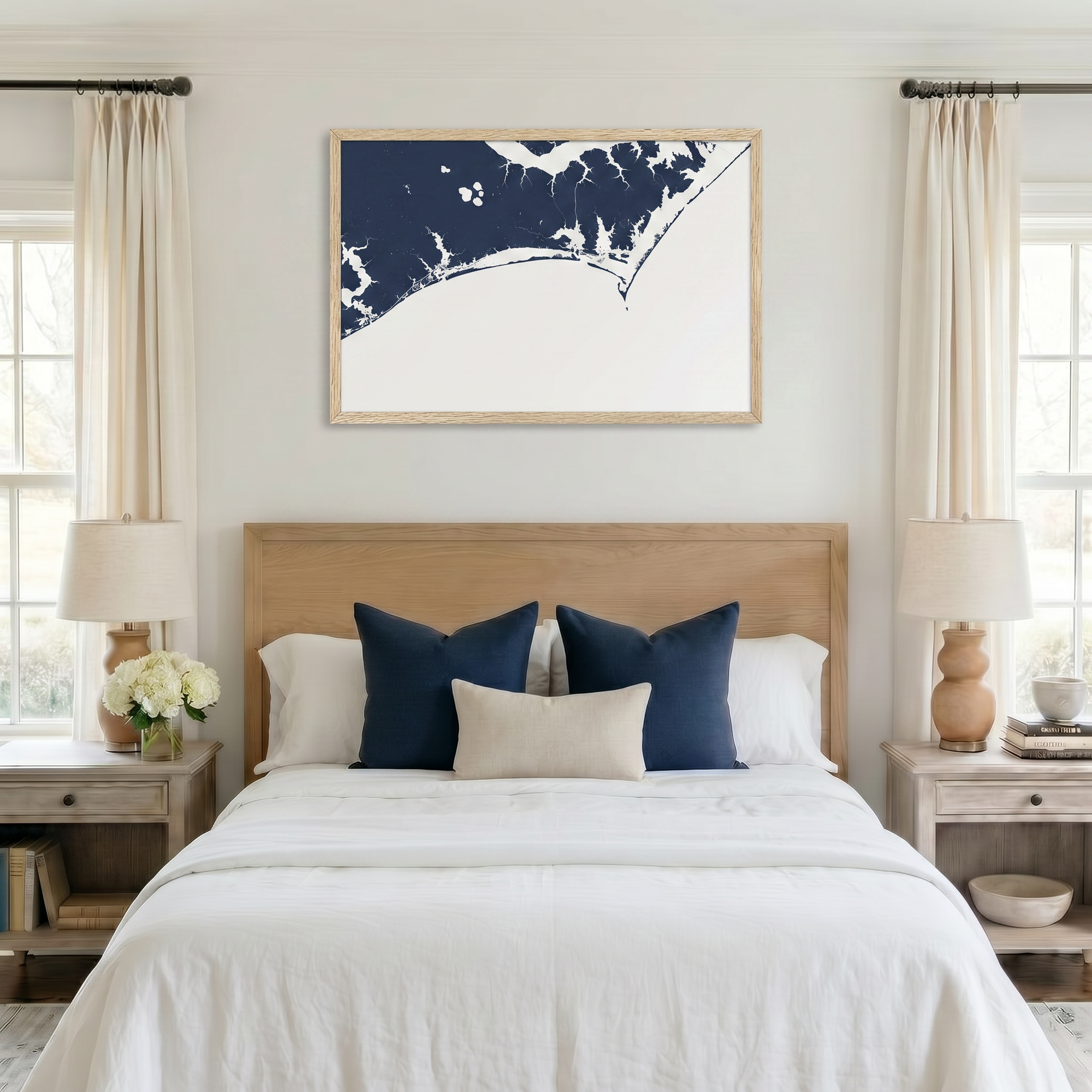 Crystal Coast/Emerald Isle matte map art in bedroom setting