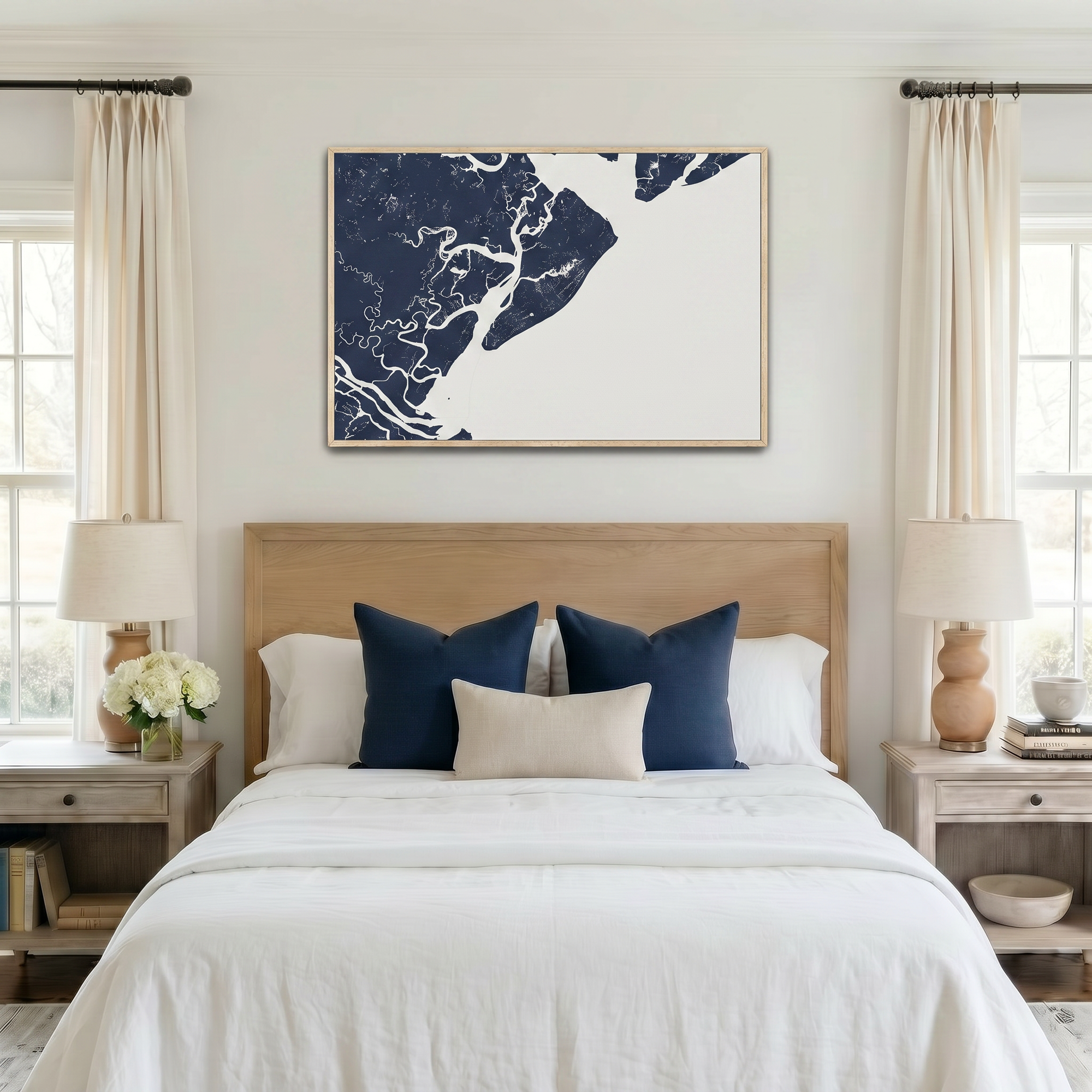 Hilton Head Island canvas map art in bedroom setting