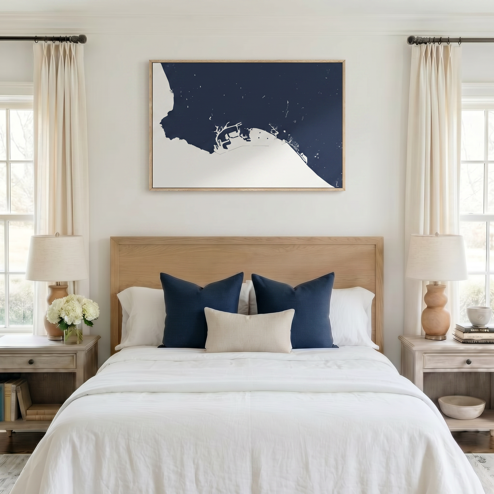 Long Beach canvas map art in bedroom setting