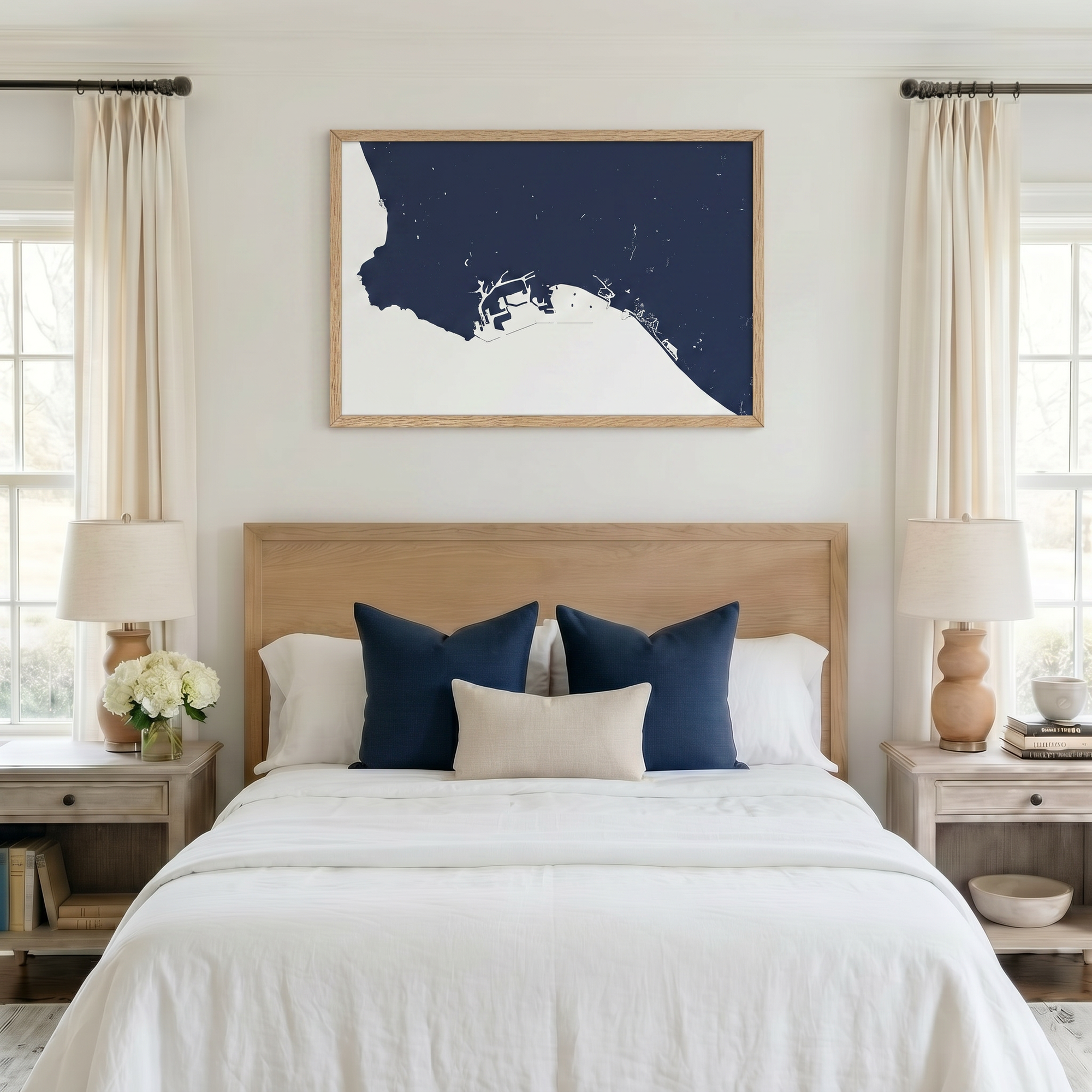 Long Beach matte map art in bedroom setting