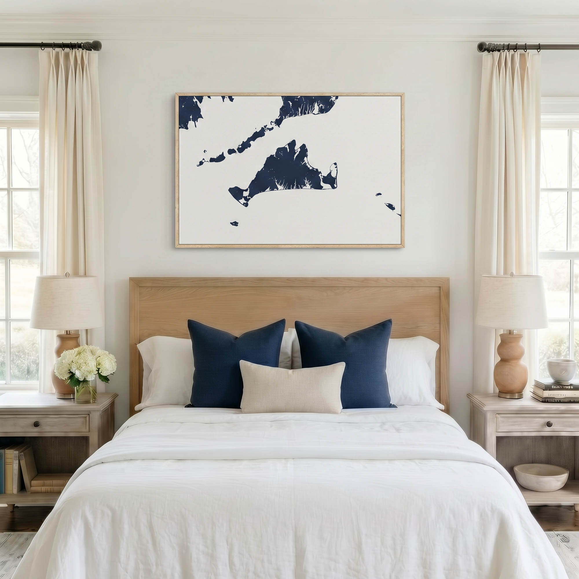 Martha's Vineyard canvas map art in bedroom setting