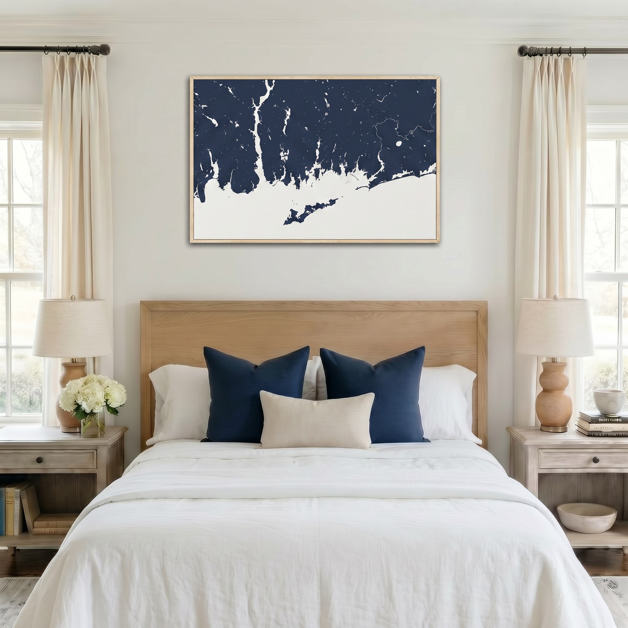 Mystic canvas map art in bedroom setting