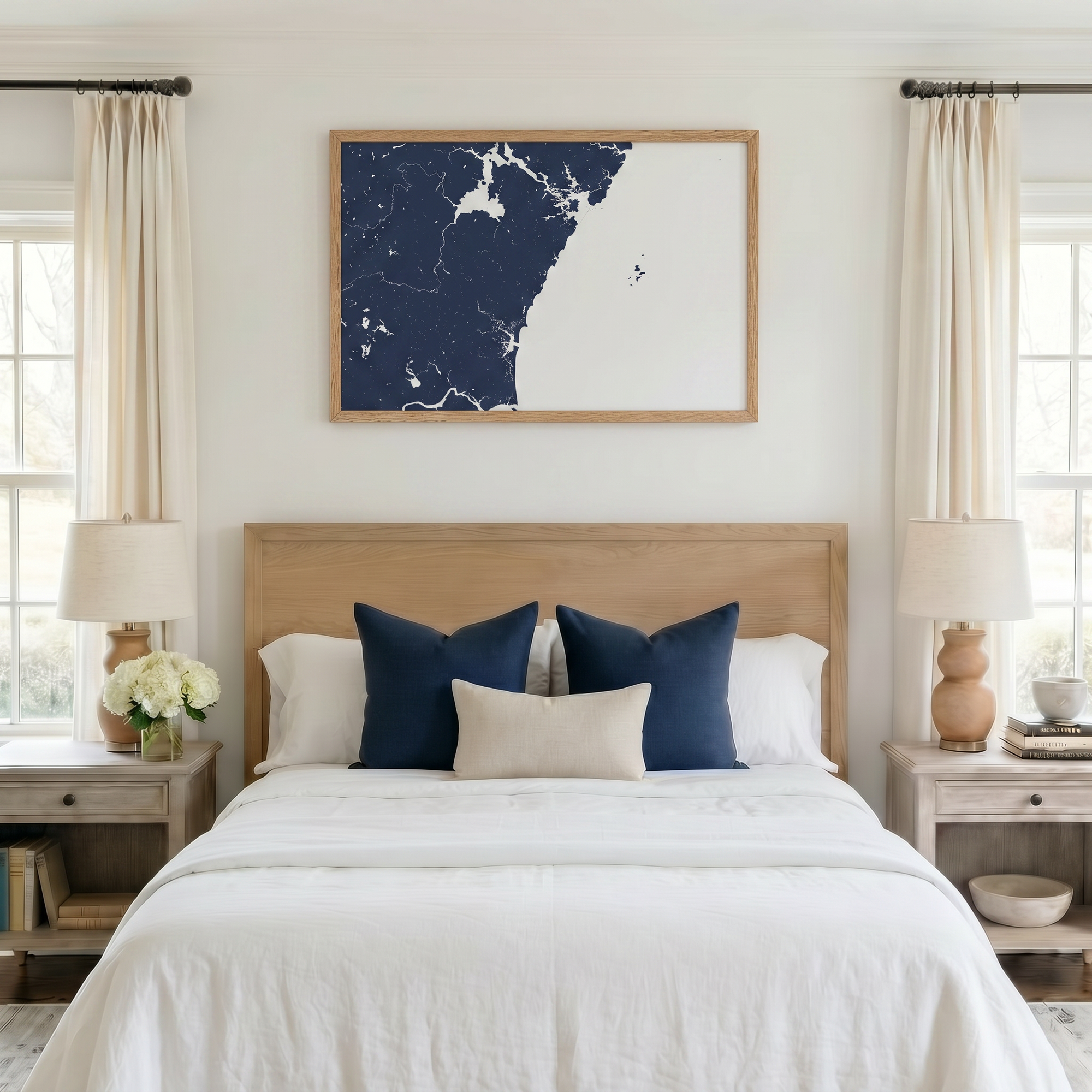 New Hampshire Coast matte map art in bedroom setting